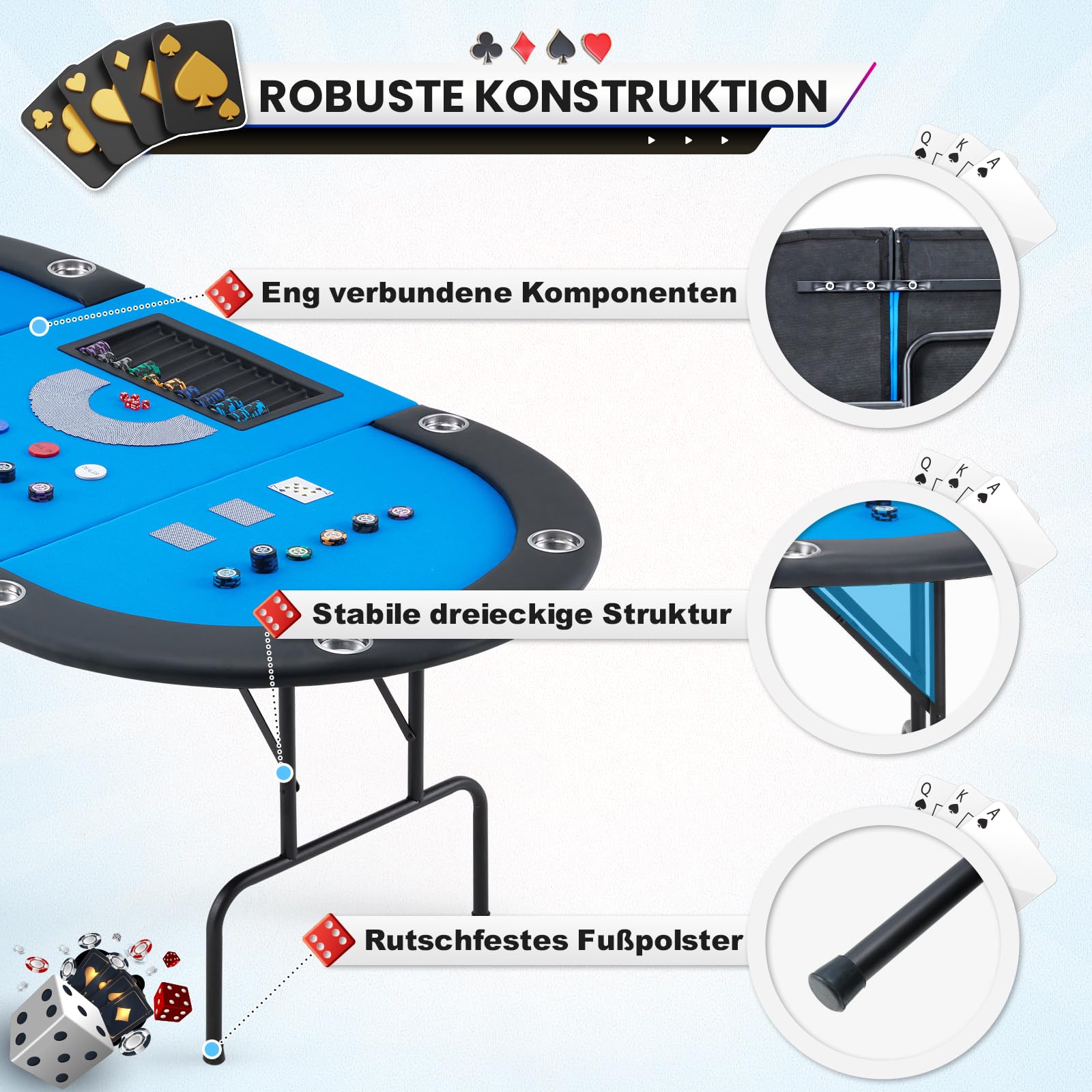 AVAWING Pokertisch Klappbar 9 Spieler, Spieltisch mit Getränkehalter aus Edelstahl (Blau)