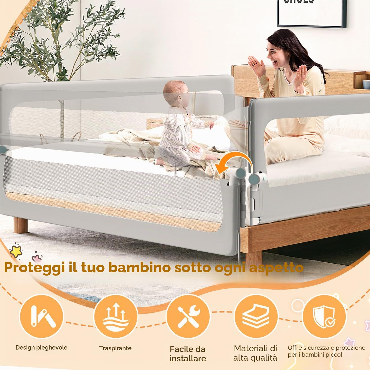 Protezione contro le cadute per letto, protezione per letto Boxspring, griglia di protezione per letto regolabile in altezza 72-86 cm, pieghevole a 180 gradi (Grigio, 150 cm, 1 lato)