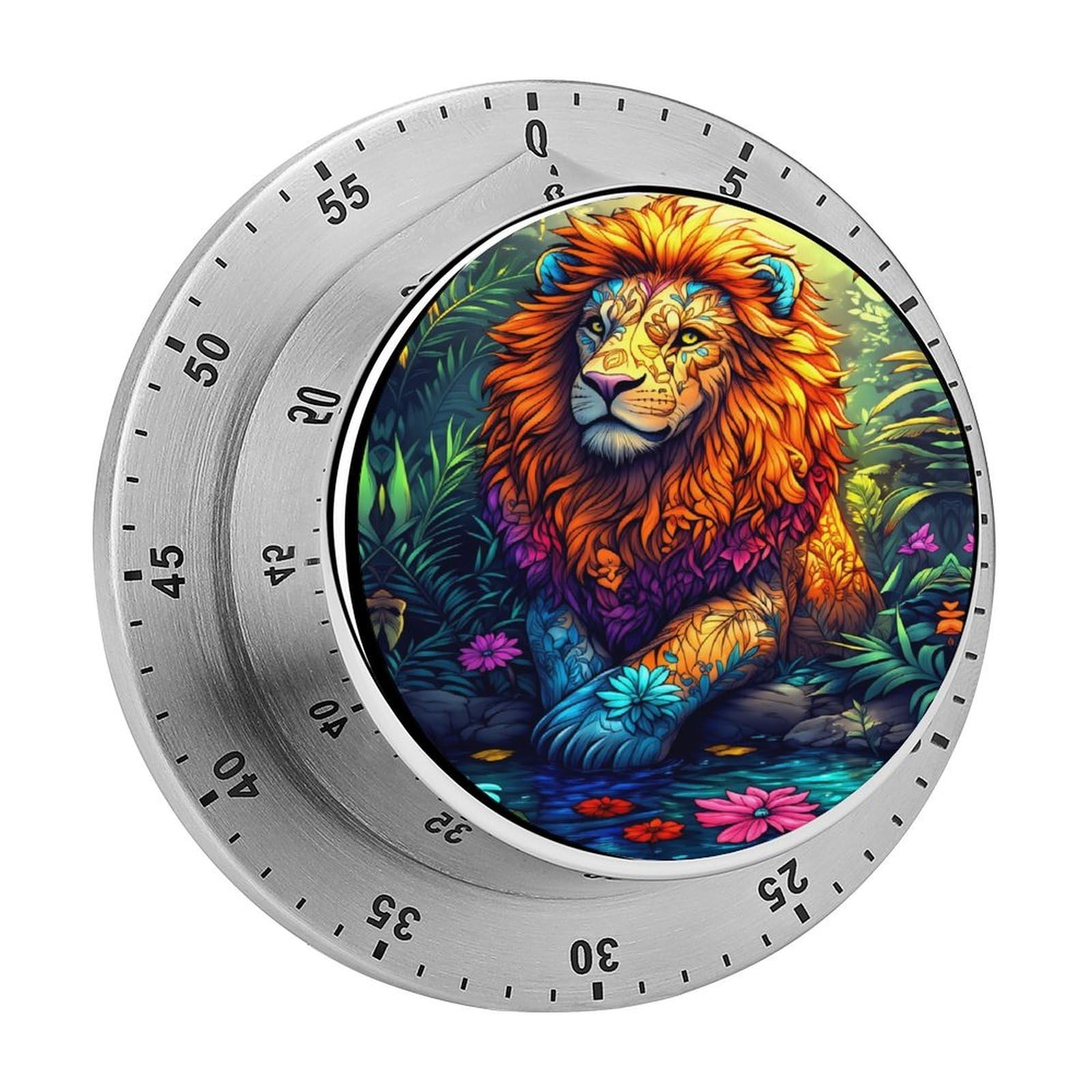 Colorful Lion Jungle Floral 60 Minute Wind Up Timer,Visual Mechanical Magnetic Timer with Loud Alarm for Kitchen