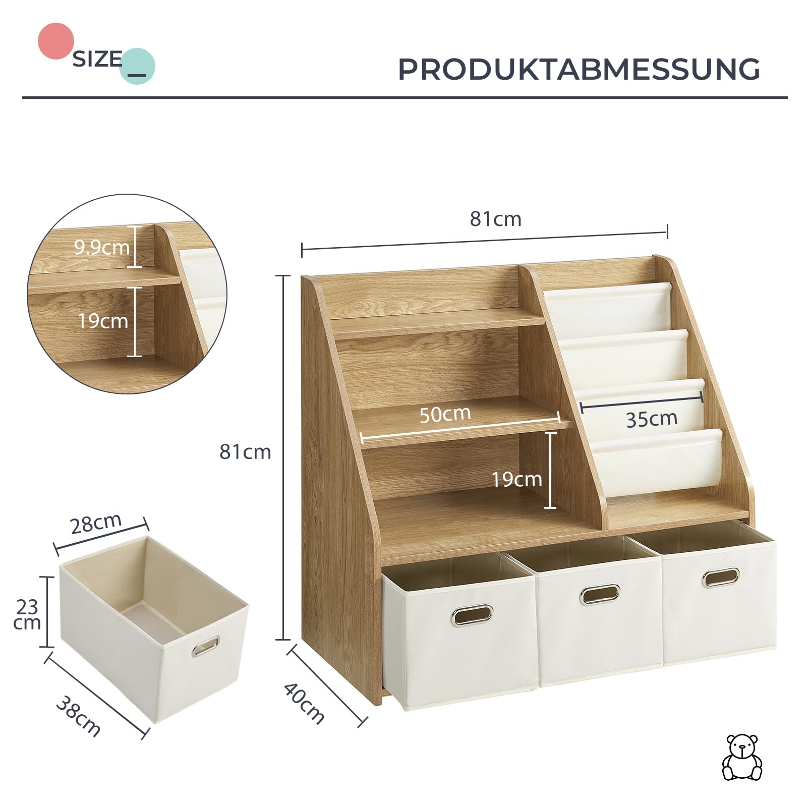 EFURDEN Kinder Bücherregal mit Aufbewahrung, 4-stufiges Montessori Spielzeugregal aus Holz mit 3 Schubladen & 4 Stoffboxen, Organizer für Kinderzimmer, Spielzimmer