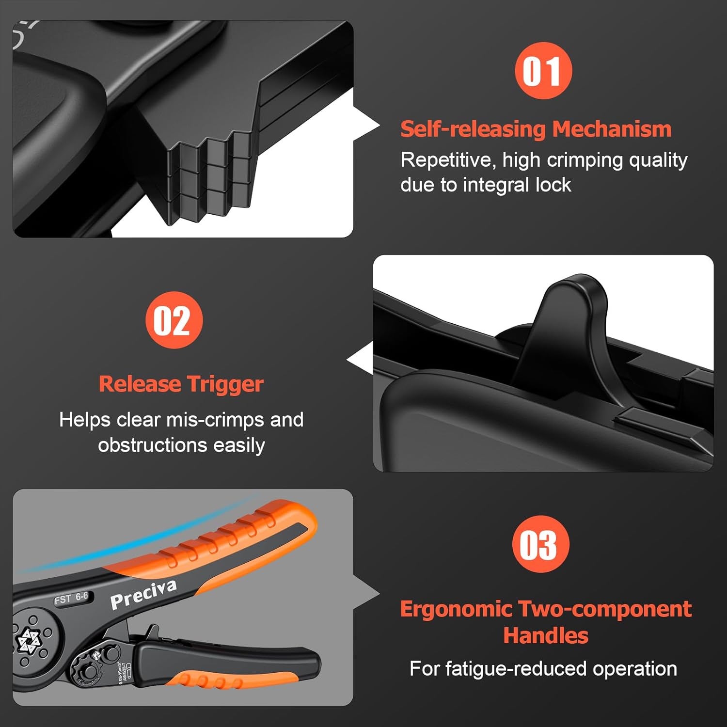 Preciva Hexagonal Ferrule Crimping Tool, AWG 28-7(0.08-10mm²) Wire Crimps Tools, Crimper Plier Adjustable Ratcheting Wire Crimping Tool for Cable Assembly, for Home and Industrial Use