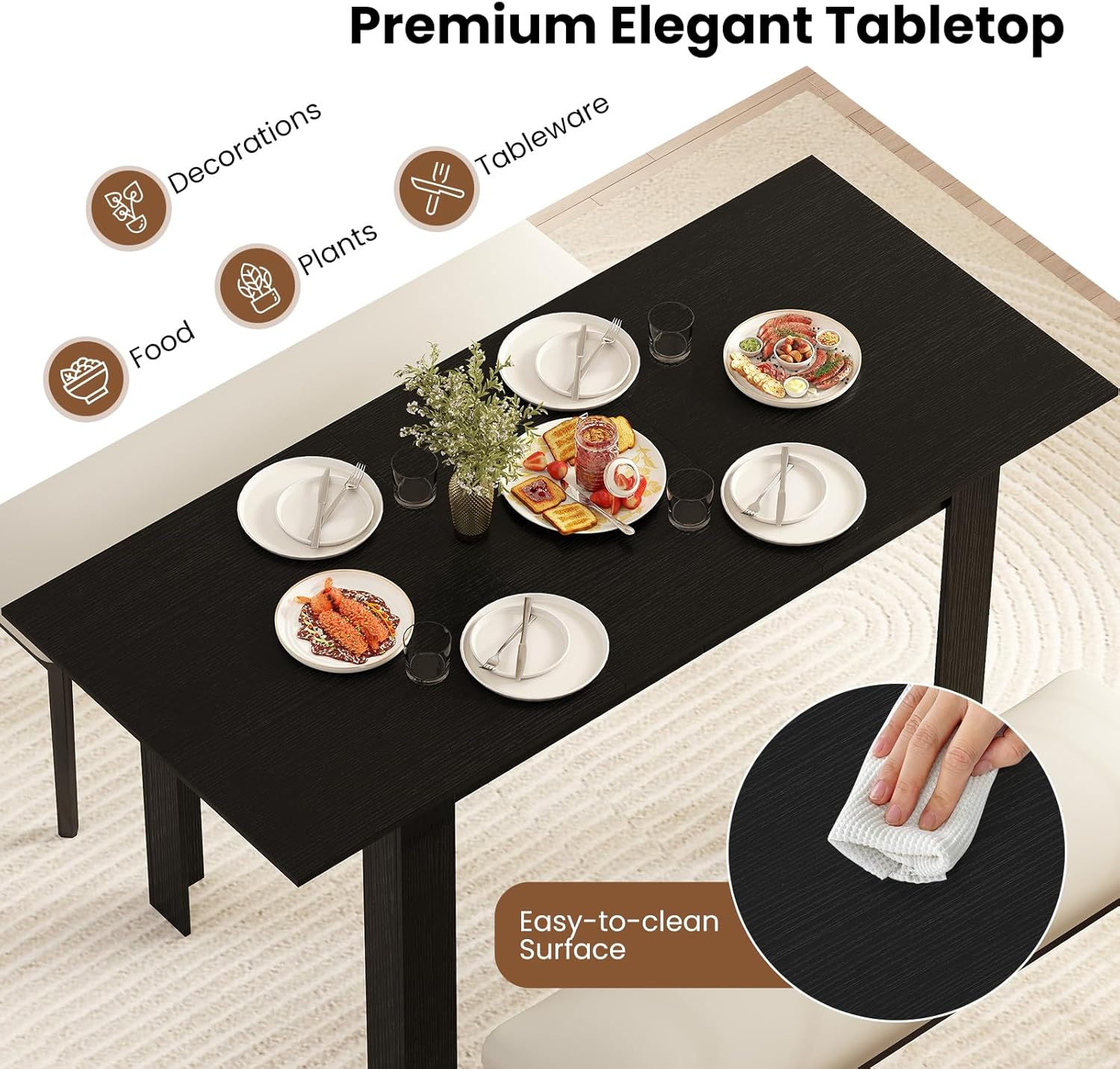 Close-up of the premium elegant tabletop with a hand wiping it clean, indicating easy maintenance