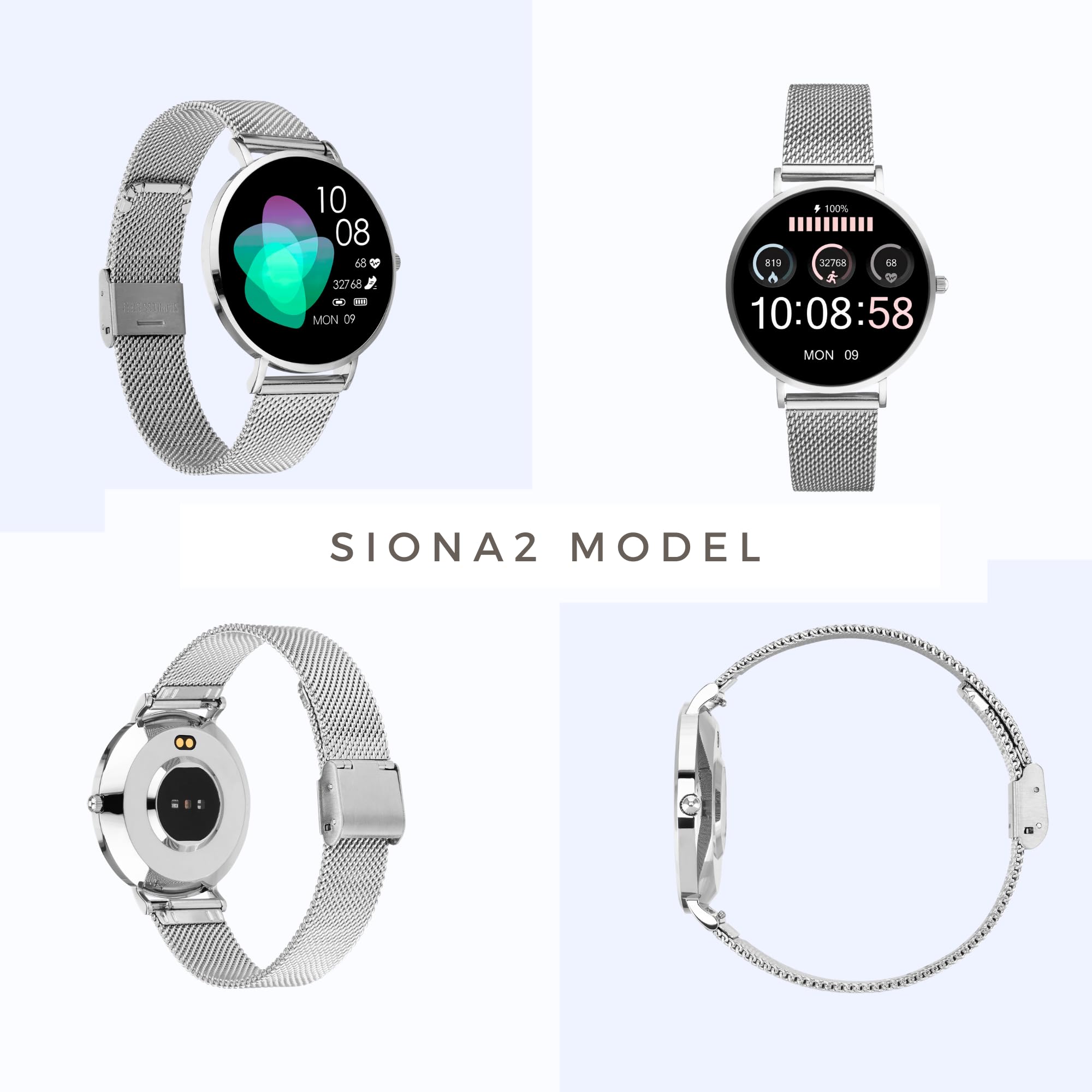 XCOAST SIONA 2 Nano Silber 37mm AMOLED Smartwatch Damen Fitness Tracker Wasserdicht Puls Blutdruck Blutsauerstoff 7 Tage Akku