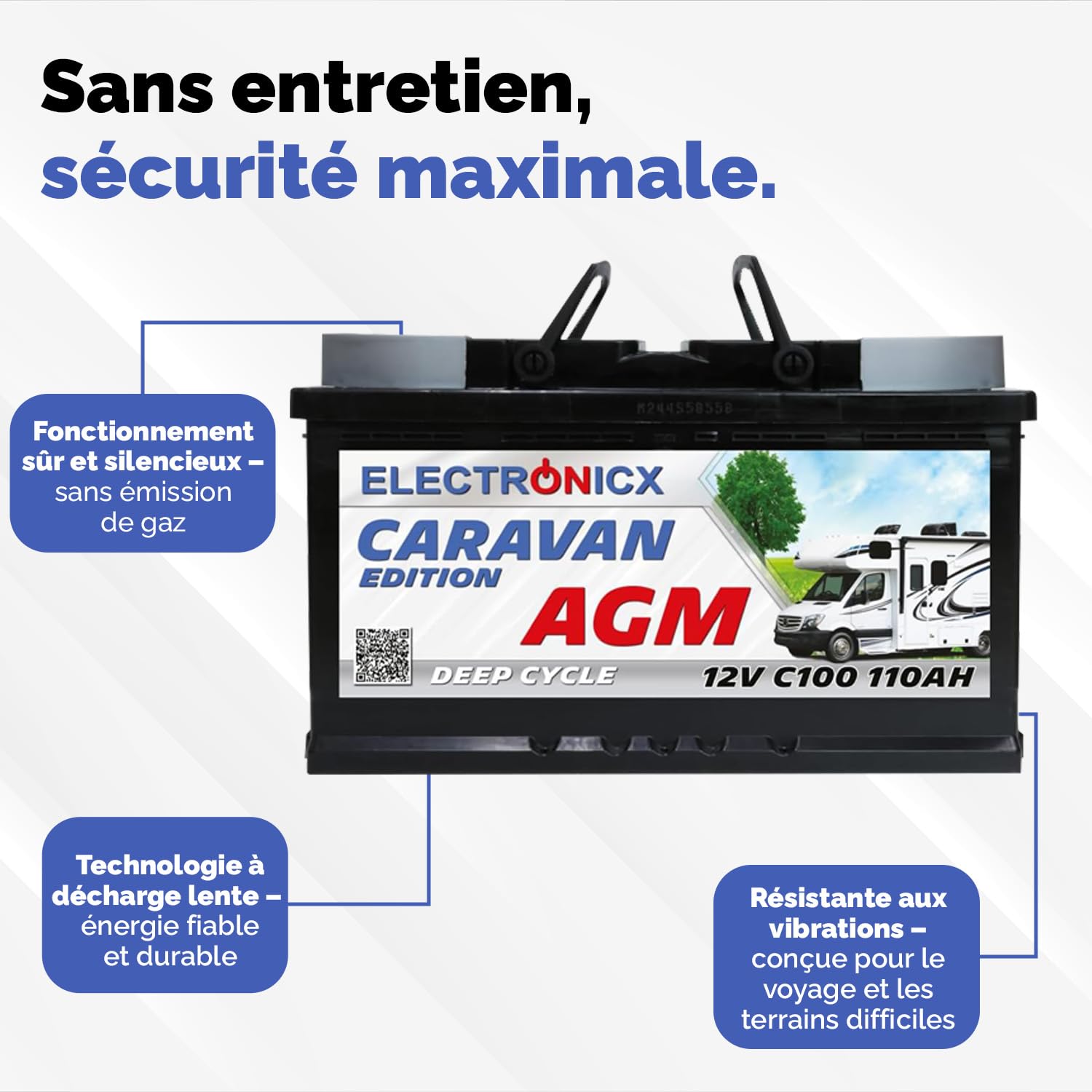 Batterie de service Electronicx AGM Caravan Edition 12V 110Ah – 110 ah Batterie à décharge lente pour camping-car, caravane, solaire– sans entretien, étanche, anti-fuite 315×175×190 mm