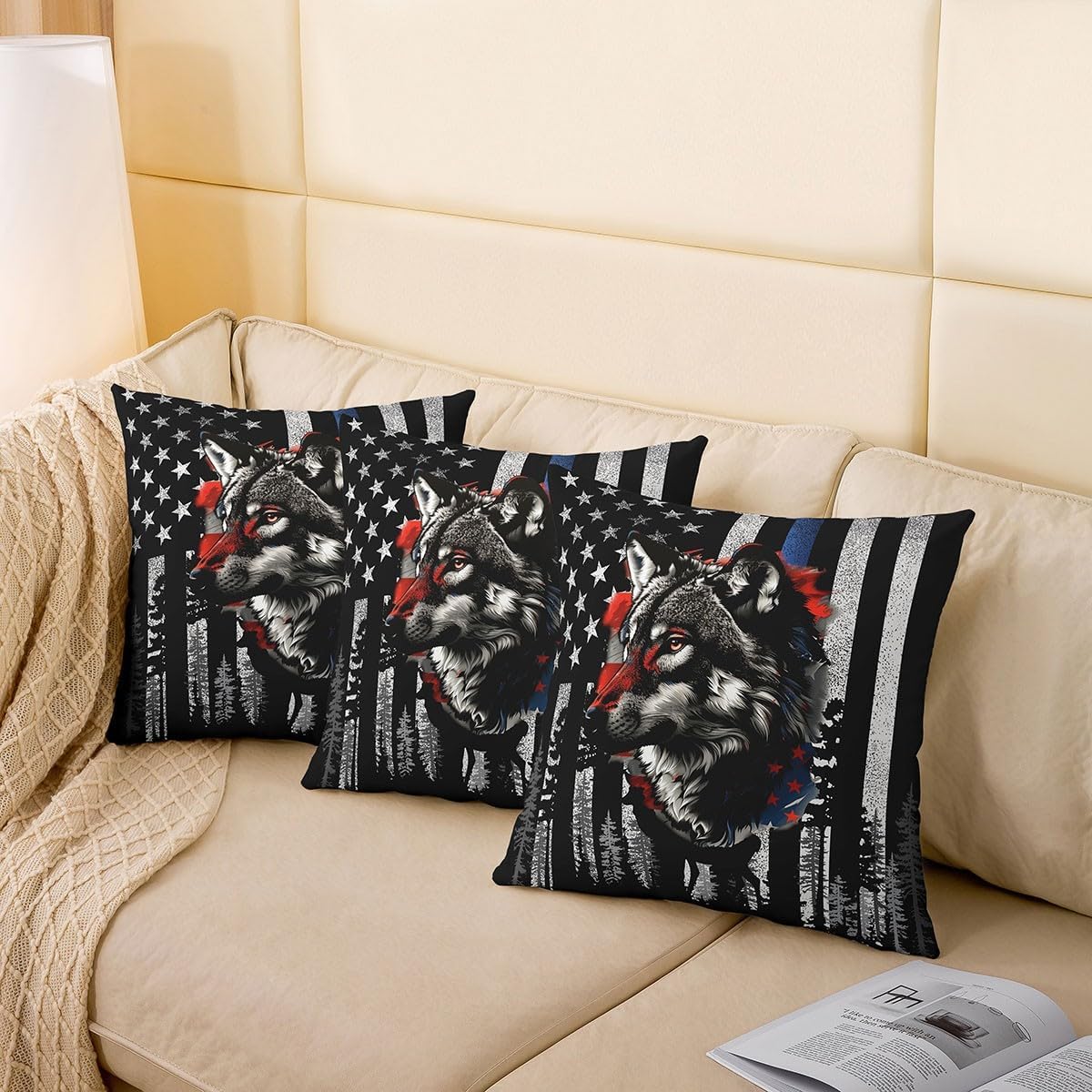 jejeloiu Cute Wolf Pillow Cases Cushion Covers Boys Girls Wolves Howling Throw Pillow Covers 24"x24" Set of 2 Soft For Kids American Flag Animal Wolves Throw Pillowcases Grey Wild Animal Cushion Cases