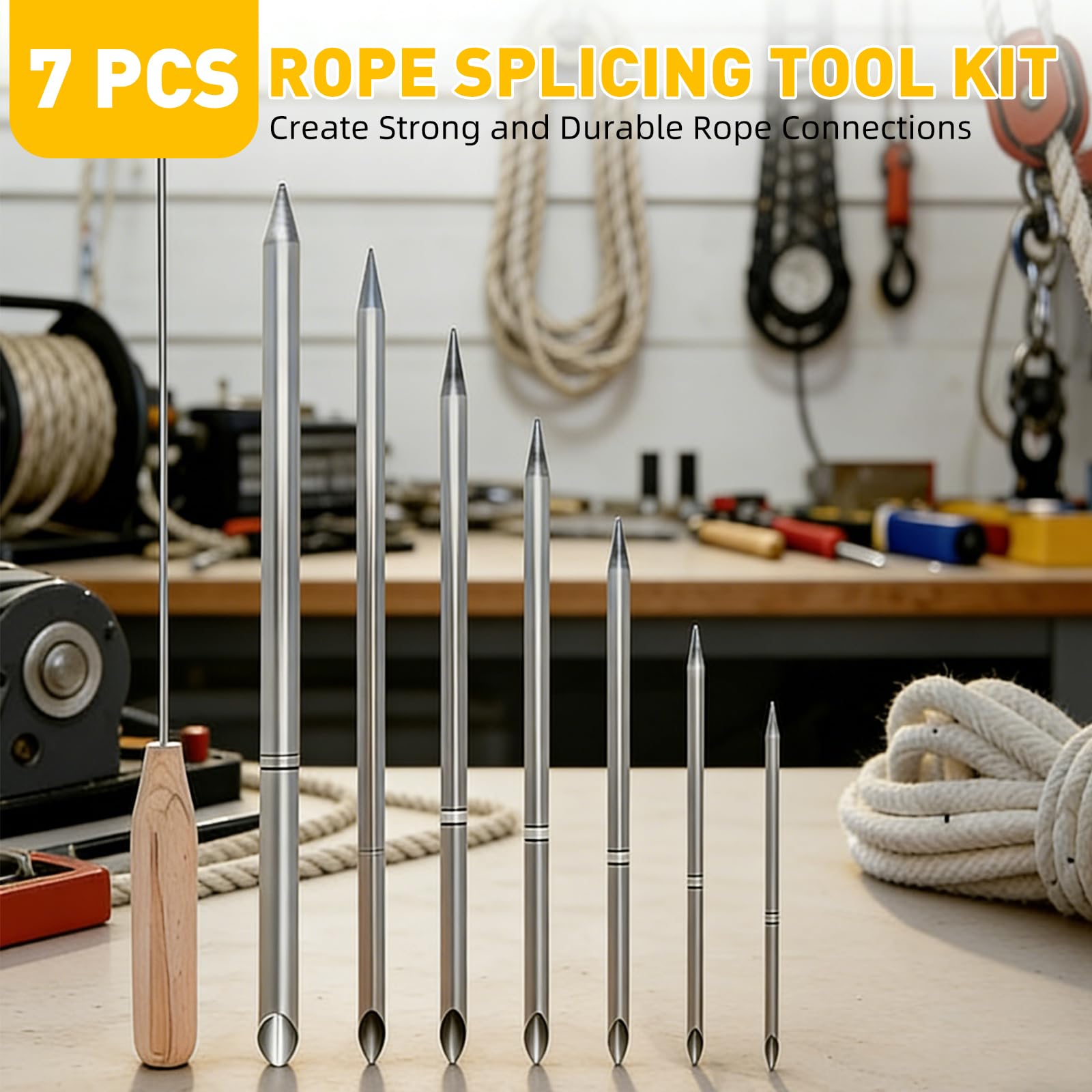 Lot de 7 outils d'épissure de corde avec sac de rangement | Comprend 1/2", 1/4", 5/16", 3/8", 7/16" pour connecter des cordes tressées