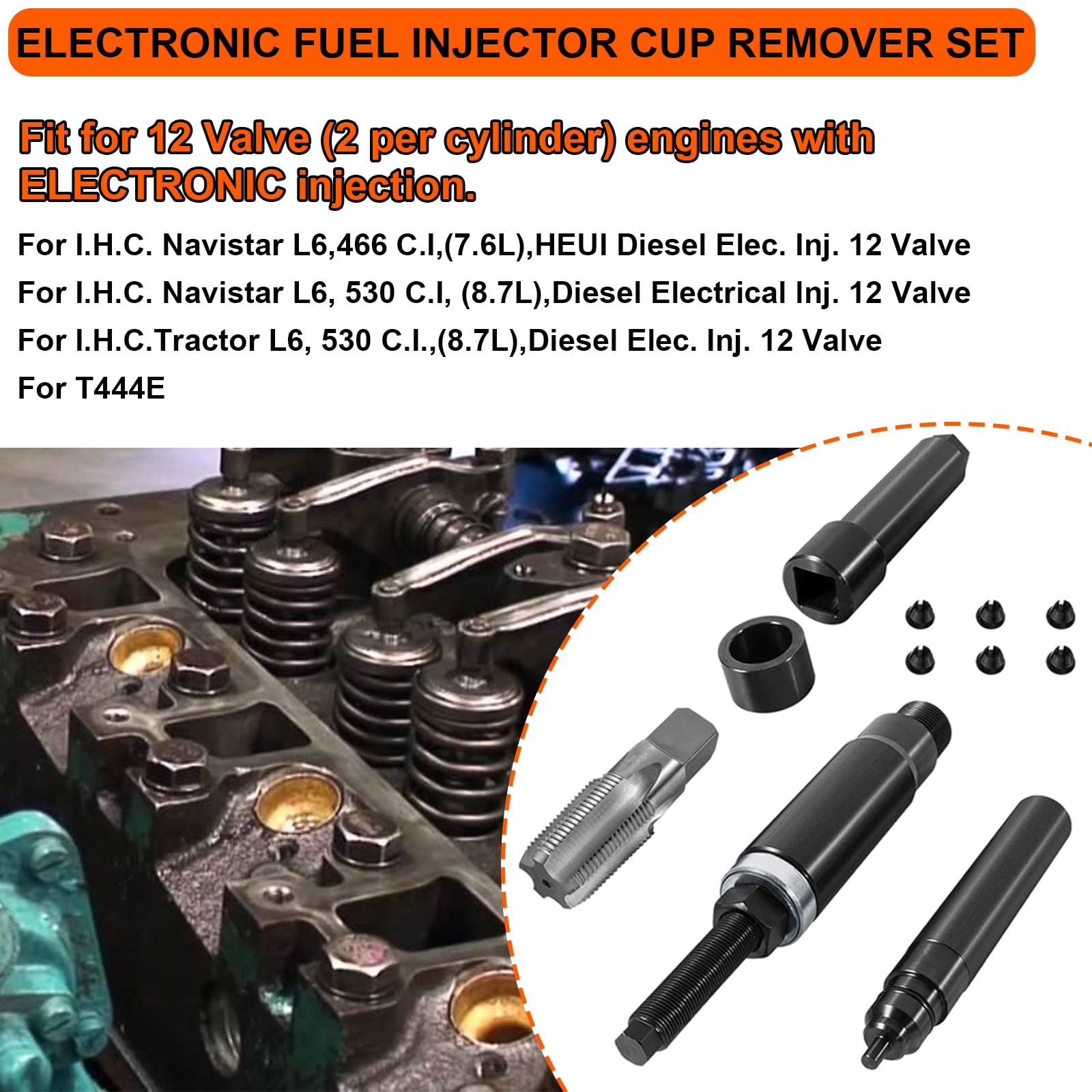 DT466E DT530E Electronic Diesel Fuel Injector Sleeve Cup Tube Puller Remover Installer Tool with Cup Plug Kit for 12 Valve (2 Per Cylinder) Engines