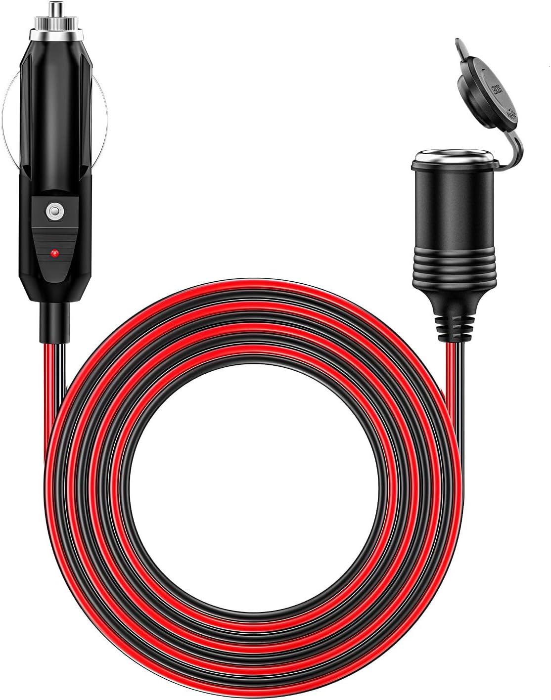 KEWIG 12/24V Car Cigarette Lighter Extension Cord – 20FT 16AWG Heavy Duty Extension Cable Auto DC Power Plug Connector with 15A Fuse LED Indicator for Car Vehicle Tire Pump Air Male to Female Socket