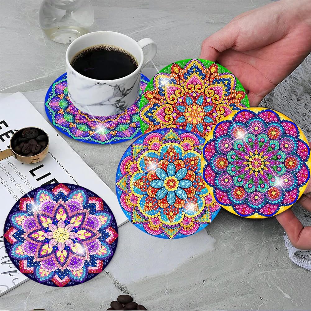ijbnhd Mandala Diamond Painting Coasters Kit with Holder, DIY Diamond Art Coasters Cork Wooden Pad Board Double Layer is Strong and Wear-Resistant for Beginners Adults Art Craft Supplies Gift 4X4IN thumbnail