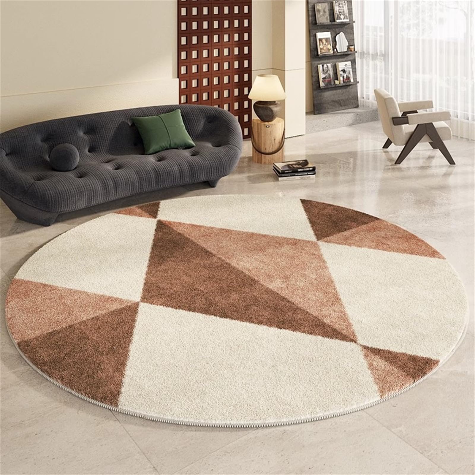 Odot Tapis Rond de Style Minimaliste, Imitation Cachemire Rug de Salon, Chambre à Coucher, Ambiance Festive, Tapis Chambre, Décoration Couverture de Chevet Père (Triangle Marron,diamètre 120cm)