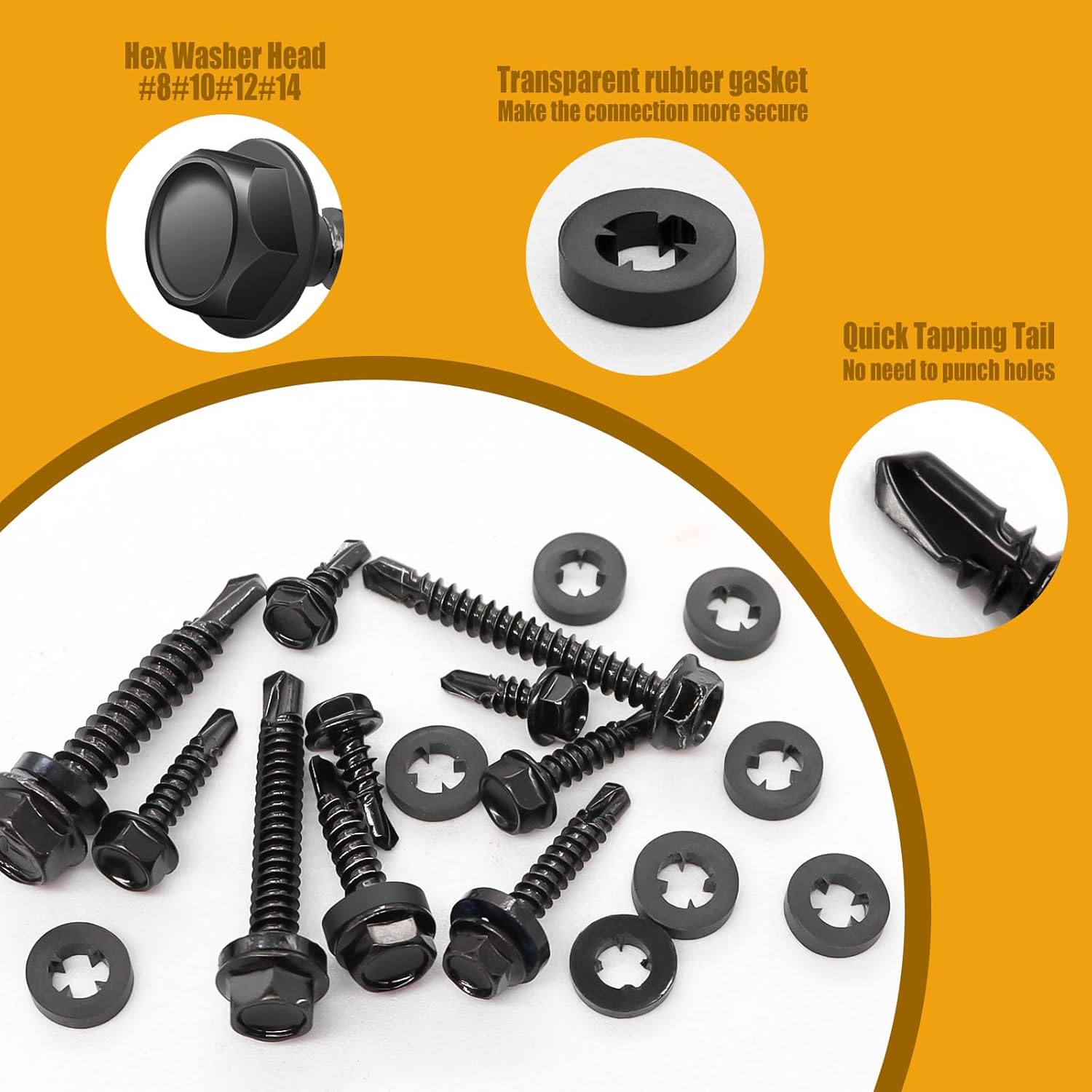 weideer 840pcs #14#12#10#8 Self Tapping Screws for Metal,410 Stainless Steel Screws Assortment Kit, Black Hex Washer Head Quick Tapping Screw with Rubber Washer (420 Sets) K-189-BK