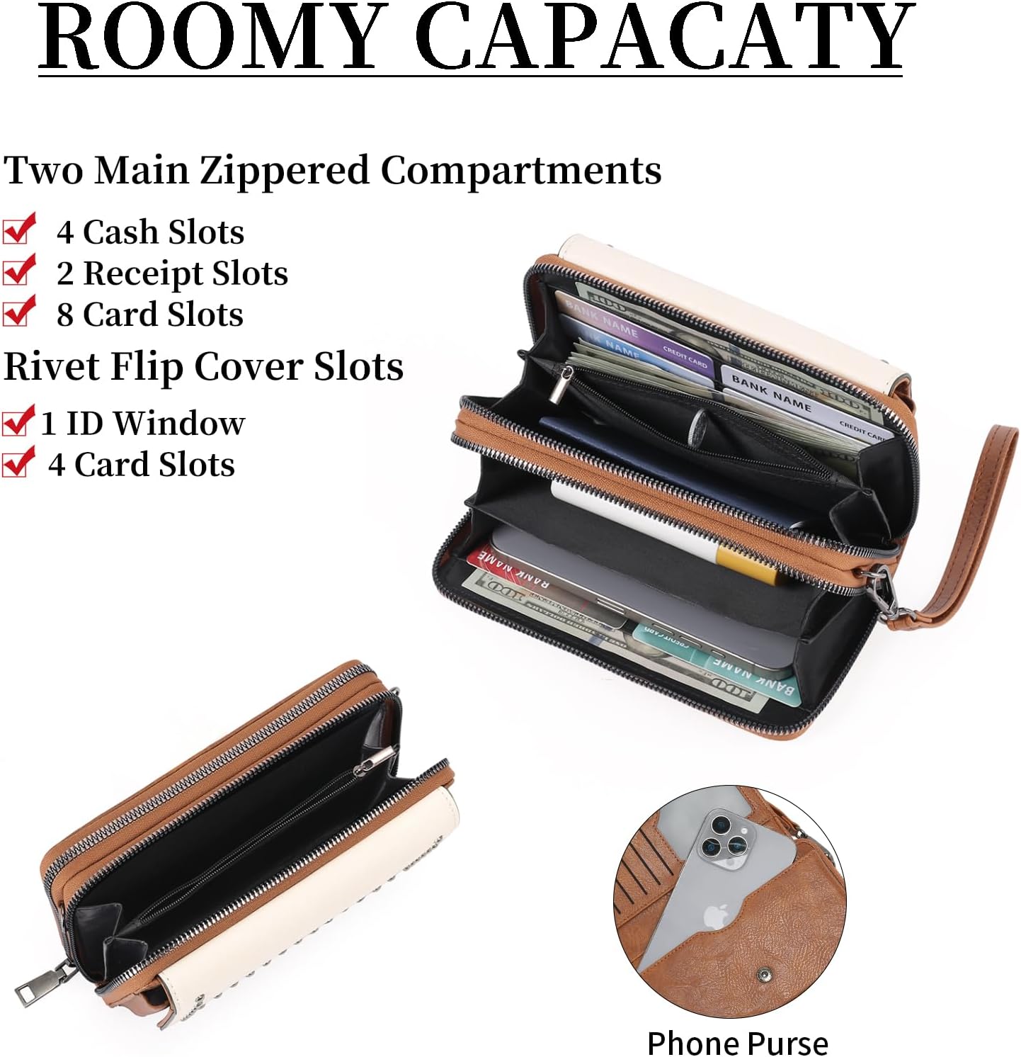 GOIACII Small Crossbody Bags for Women Wristlet Wallet 2 Zippers Clutch Phone Purse Leather Flap Handbag