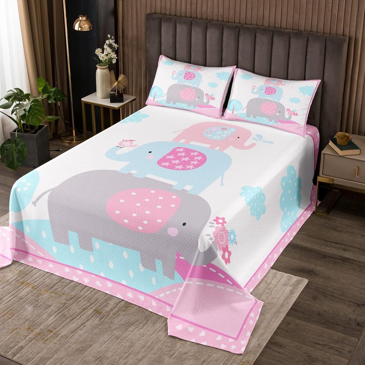 Cute Elephant Bedspread Set Queen Size for Kids,Girls Cartoon Animals Quilt Set Pink Teal White Bedspread Coverlet Kawaii Girly Dreamy Bedspread 3 Piece Decorative Bedding Quilted with 2 Pillow Shams