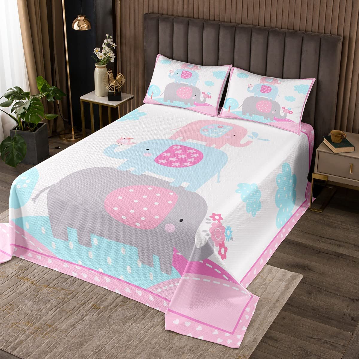 3 Piece Kawaii Elephants Quilt Bedding Set Women Aldult Lightweight Bedding Cartoon Animals Bedspread Set Girly Dreamy Bedspread Coverlet Soft Microfiber Home Quilt Set for King Bed All Season