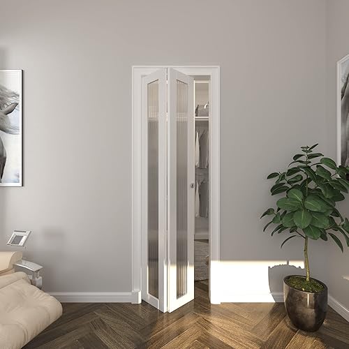 Miniatura 4 de BARNER HOME Puerta de armario, puertas plegables Full Lite con panel de vidrio estriado, fácil montaje, puertas plegables con kits de herrajes para