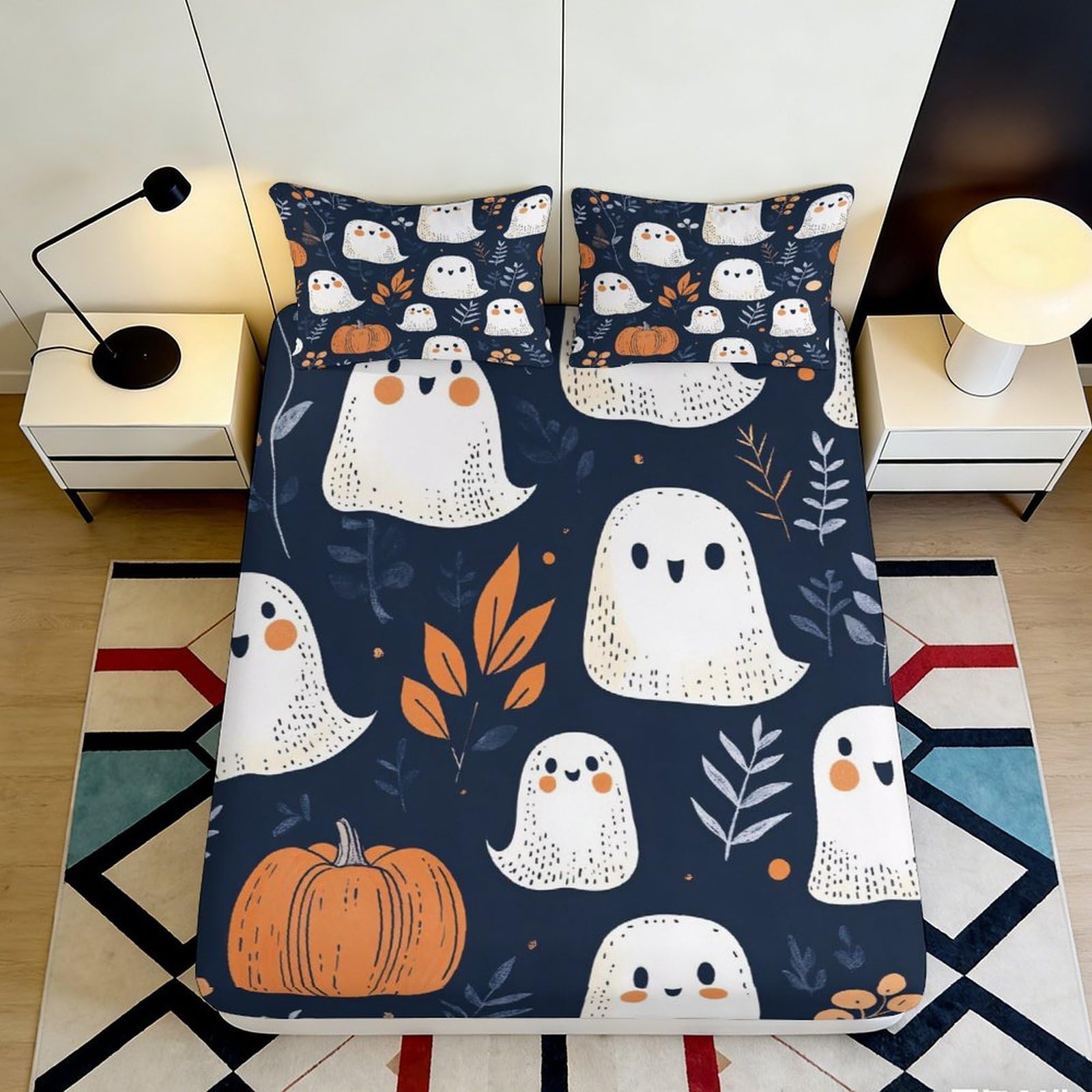 3D Printed Ghost Pumpkin Fitted Sheet Microfiber Deep Pocket Non-Slip Bedding Halloween Mattress Fitted Cover Elastic Hem Washable for Bedroom Home 180x200x25cm