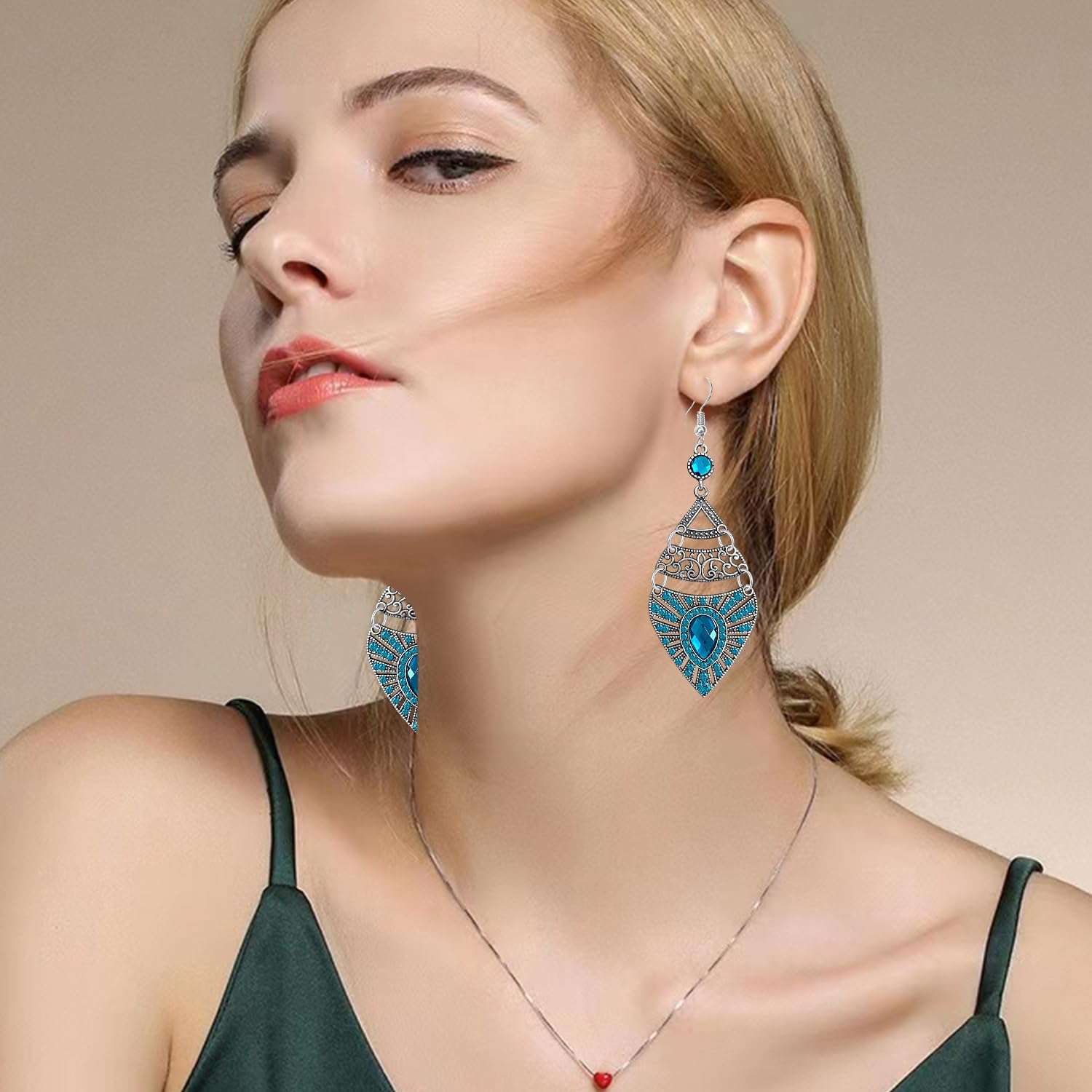 Bohemian Style Retro Geometric Alloy Dangle Drop Earrings Ethnic Colored Rhinestone Hollow Dangle Drop Earrings - Image 3