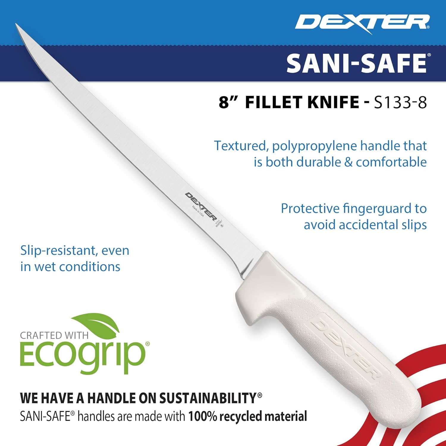 Dexter-Russell 8" Fillet Knife | S133-8 | Sani-Safe Handle for Superior Grip | High Carbon DEXSTEEL Blade | NSF Certified | Made in USA