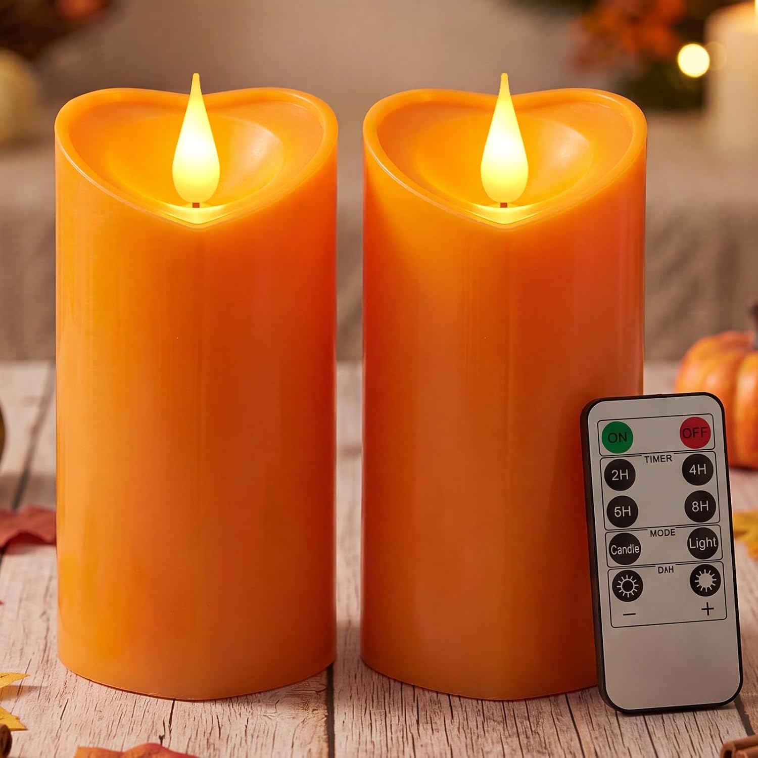 Retisee 2 Pcs Fall Heart Pillar Candle - 6" LED Battery Operated Flameless Candle with Remote for Thanksgiving Day Christmas Women Romantic Home Wedding Christmas Decoration(Orange)