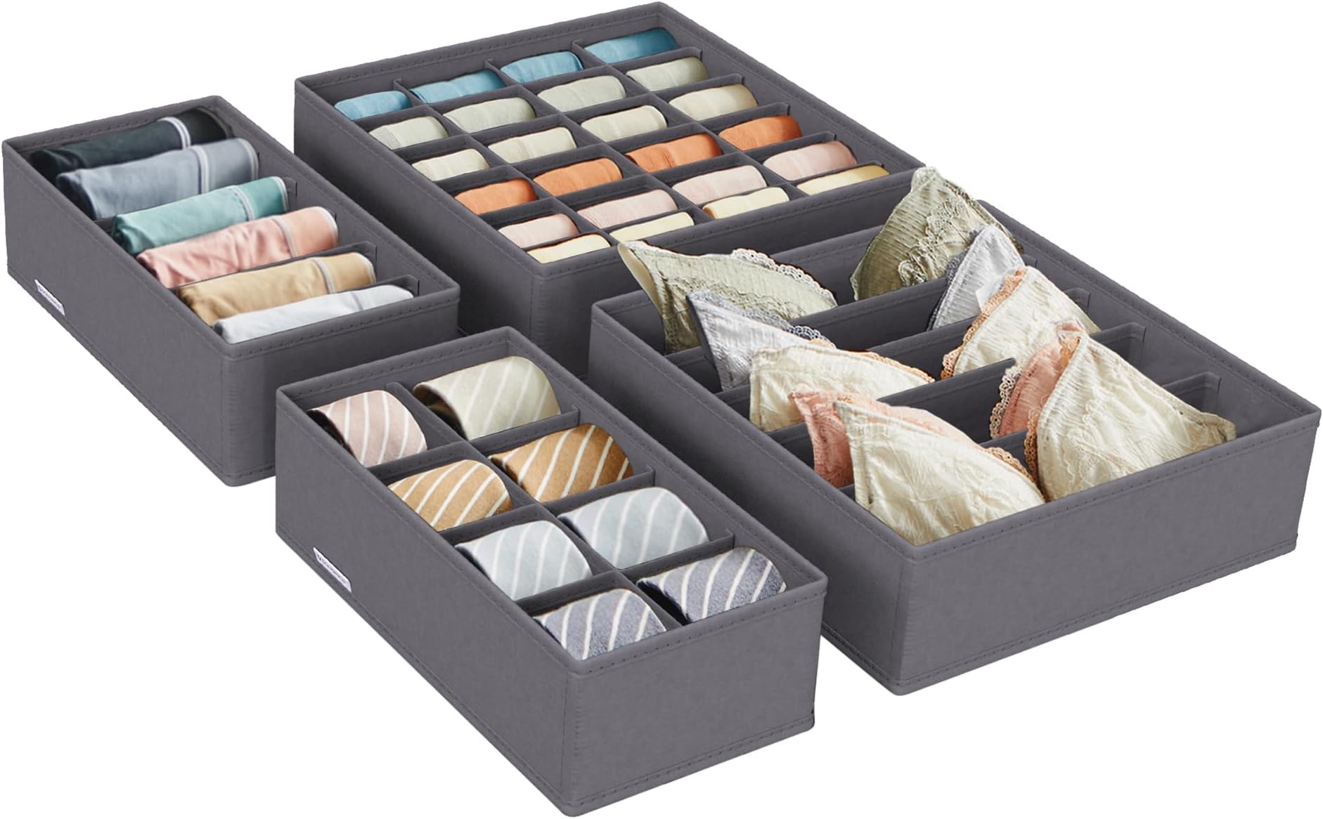 SONGMICS Set of 4 Underwear Drawer Organisers, Drawer Dividers, Foldable, for Bras Undies Socks Ties, Fabric Storage Boxes for Closet Wardrobe Shelves, Slate Grey RUS04GY