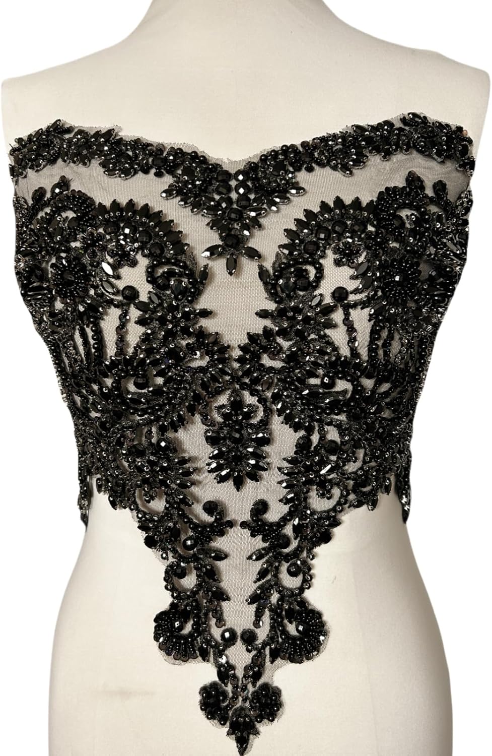 Handmade Beaded Patches Appliques with Glass Rhinestones Crystals for Sew on Bodice Lace Evening Wedding Dresses DIY Clothes (Black)