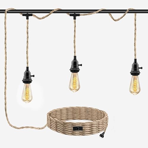 Miniatura 1 de LYOOWNG Cable de luz colgante de 3 luces, luces colgantes de 25 pies con cable de enchufe, kit de luces colgantes de cuerda de cáñamo con