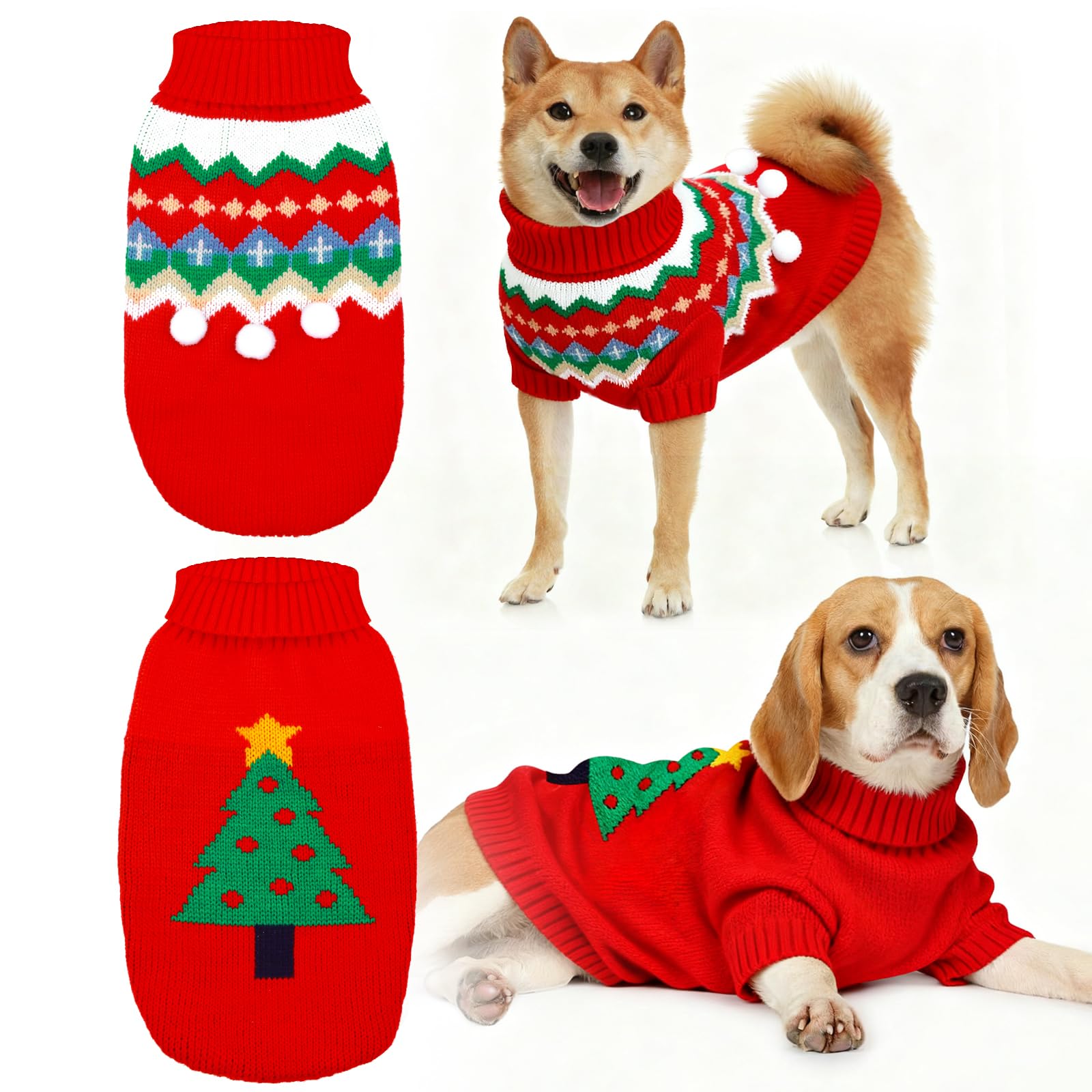 2 Packs Dog Christmas Jumper, Turtleneck Christmas Dog, Pet Sweater Knitted Winter Warm Soft Dogs Jumper Costume for Medium Dogs XXL