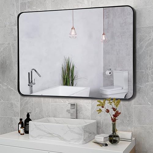 STARWHJS Espejo de baño grande negro de 30 x 40 pulgadas para pared, marco de aluminio cepillado, diseño de esquina redondeada, espejo montado en la