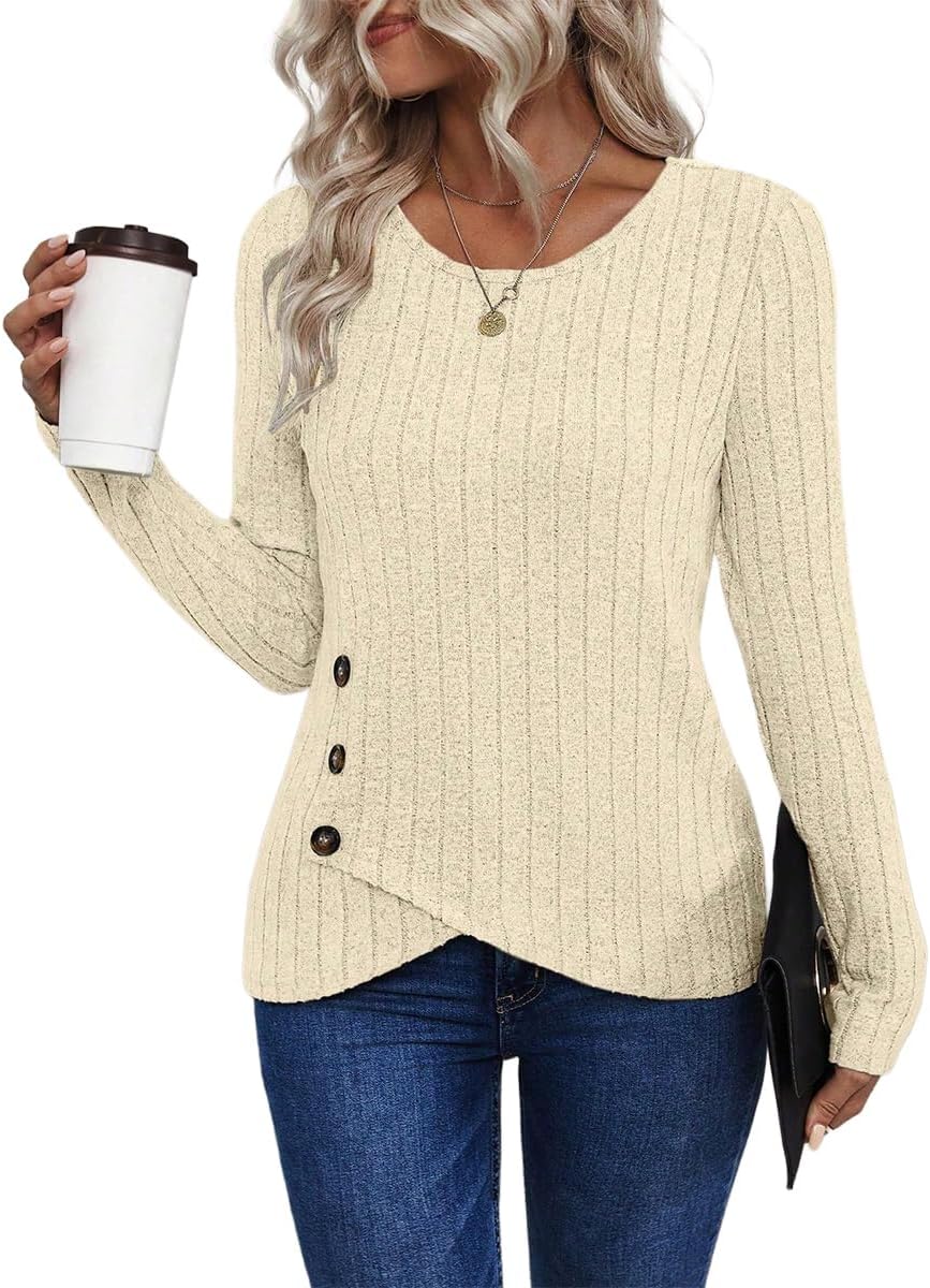 SISKIN Ribbed Long Sleeve Tops for Women Fall Sweaters Light Weight Fitted Crew Neck Side Button Tunic Pullover Sweater