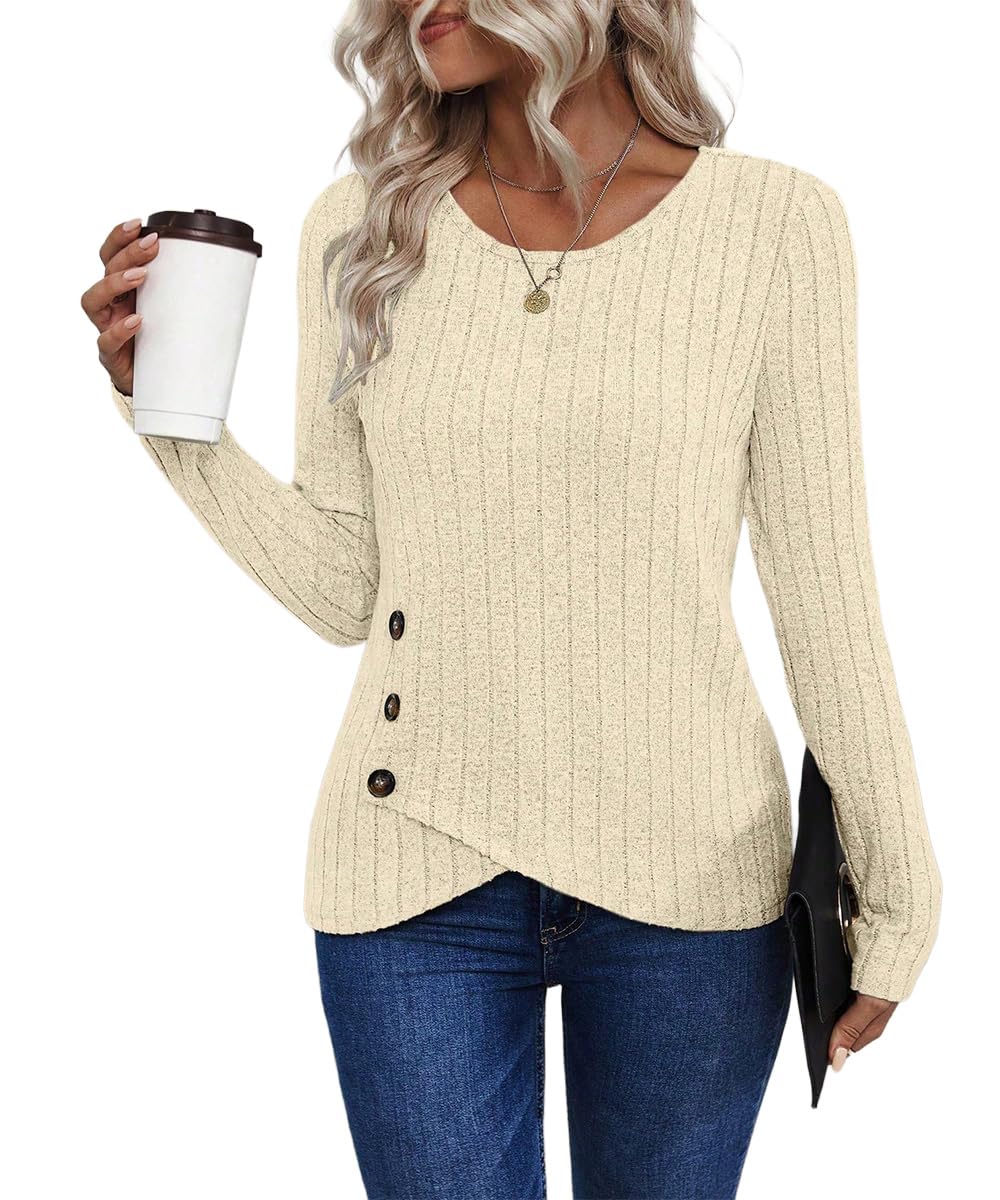 SISKIN Ribbed Long Sleeve Tops for Women Fall Sweaters Light Weight Fitted Crew Neck Side Button Tunic Pullover