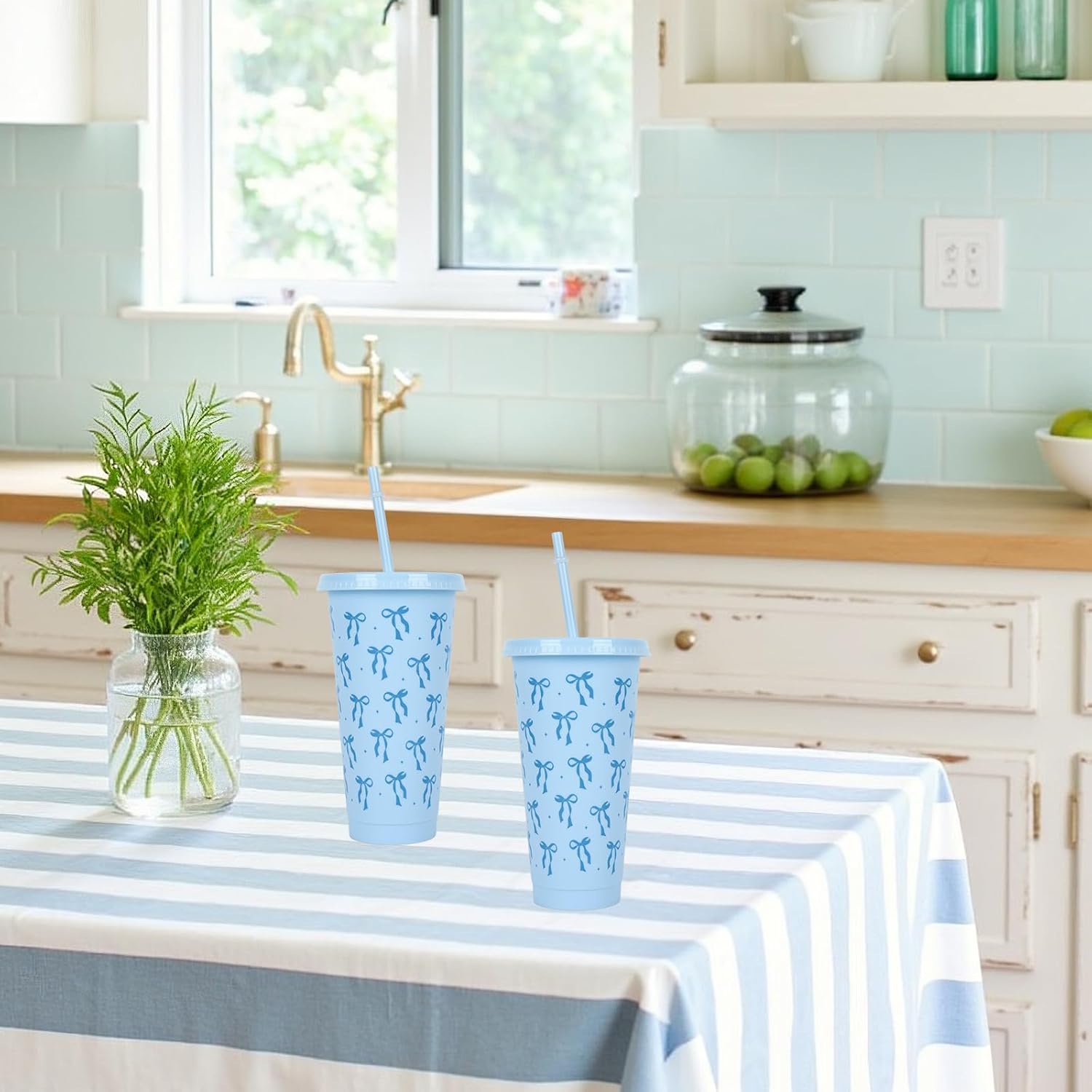 JarThenaAMCS 12Pcs Blue Bow Plastic Cups with Straw and Lid 24oz Ribbon Bow Tumbler Blue Coquette Cold Cups for Xmas Winter Cold Drinks Home Office Party Decoration - Image 7
