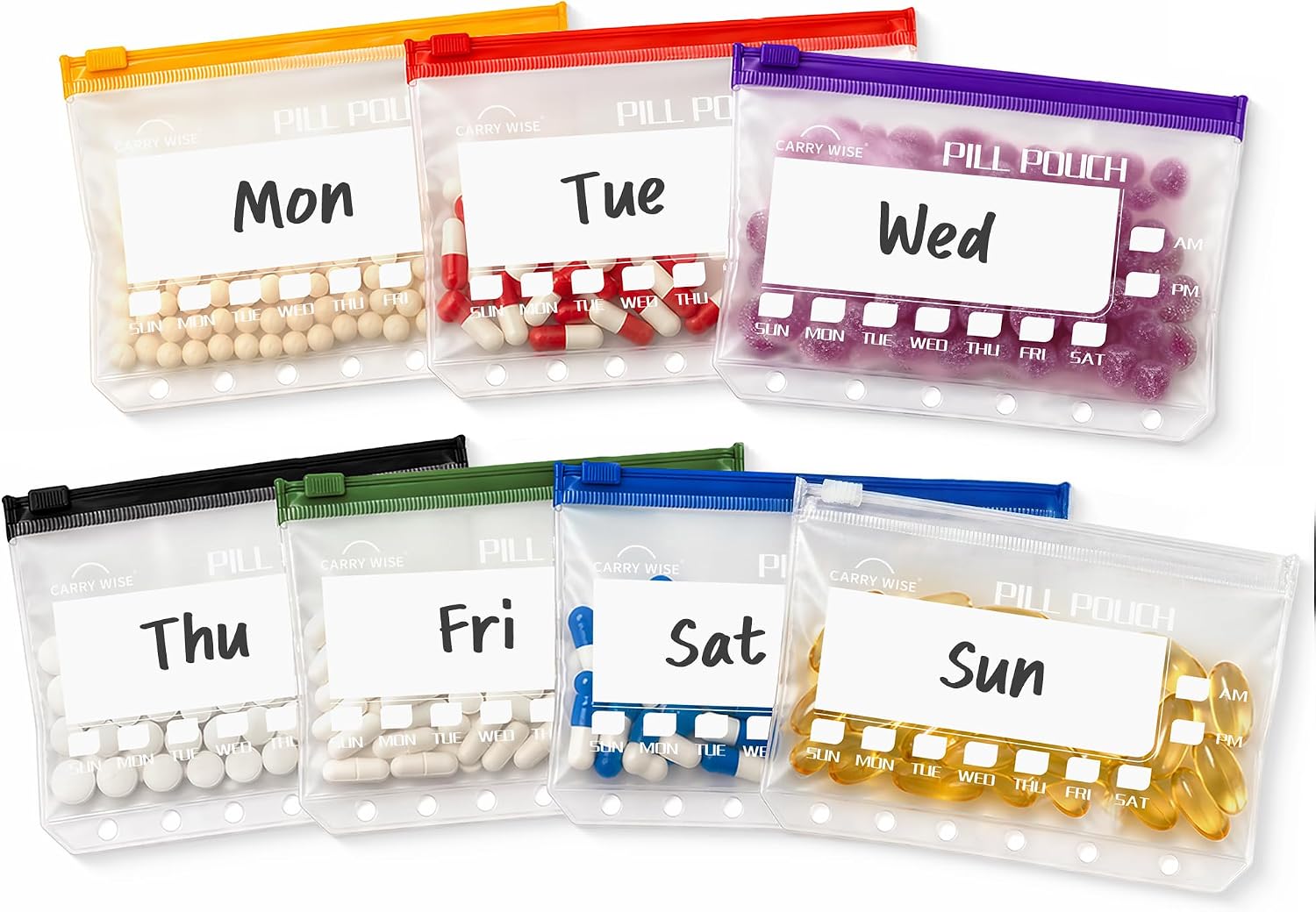 7 Pcs Pill Pouches for Travel, Reusable Pill Bags Set, Large Self Sealing Medicine Bags, Double-Sided Write-On Label, Binder-Ready Hole Design, 3.38 x 5.2 Inch