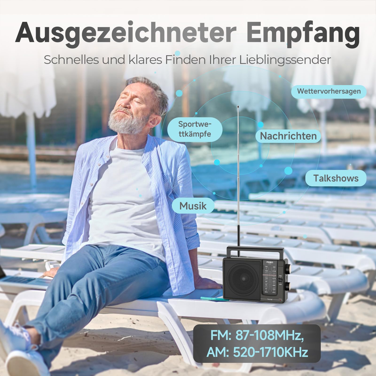 PRUNUS J-03 Tragbares Radio FM AM, Radio Batteriebetrieben und AC-Strom, Mittelwellenradio Mit Exzellentem Empfang, 3W Großem Lautsprecher, Einfaches Radios Für Senioren.