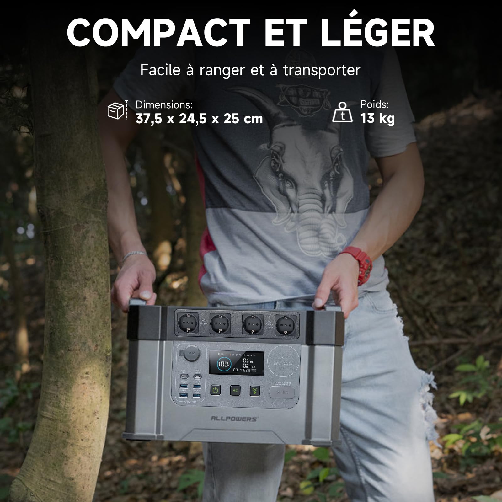 ALLPOWERS S2000Pro Station électrique portable 1451Wh, 4 prises CA 2400W (crête 4000 W), 0 à 100% en 1,5 heure, fonction UPS, générateur solaire pour camping, panne de courant, extérieur, camping-car