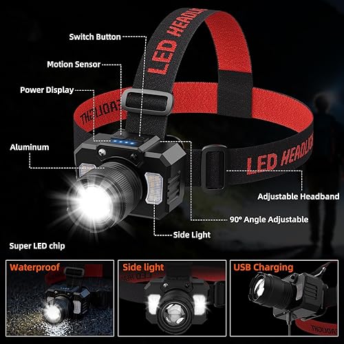Miniatura 5 de Linterna frontal recargable de alto lúmenes, paquete de 2 lámparas de cabeza superbrillantes con luz lateral y sensor de movimiento, luces de cabeza
