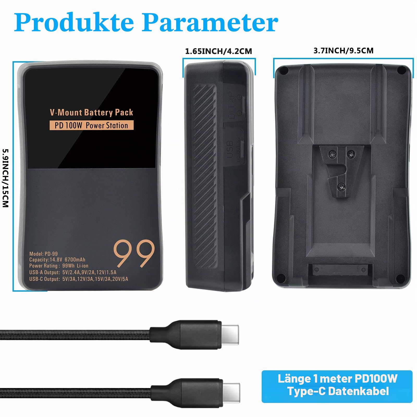 V Mount/V-Lock Akku 99Wh 6700mAh Mini V-Mount Batterie mit PD 100W USB-C Schnellladekabel und PD 65W Stecker für Camcorder, Kamera, Feldmonitor, Videolicht