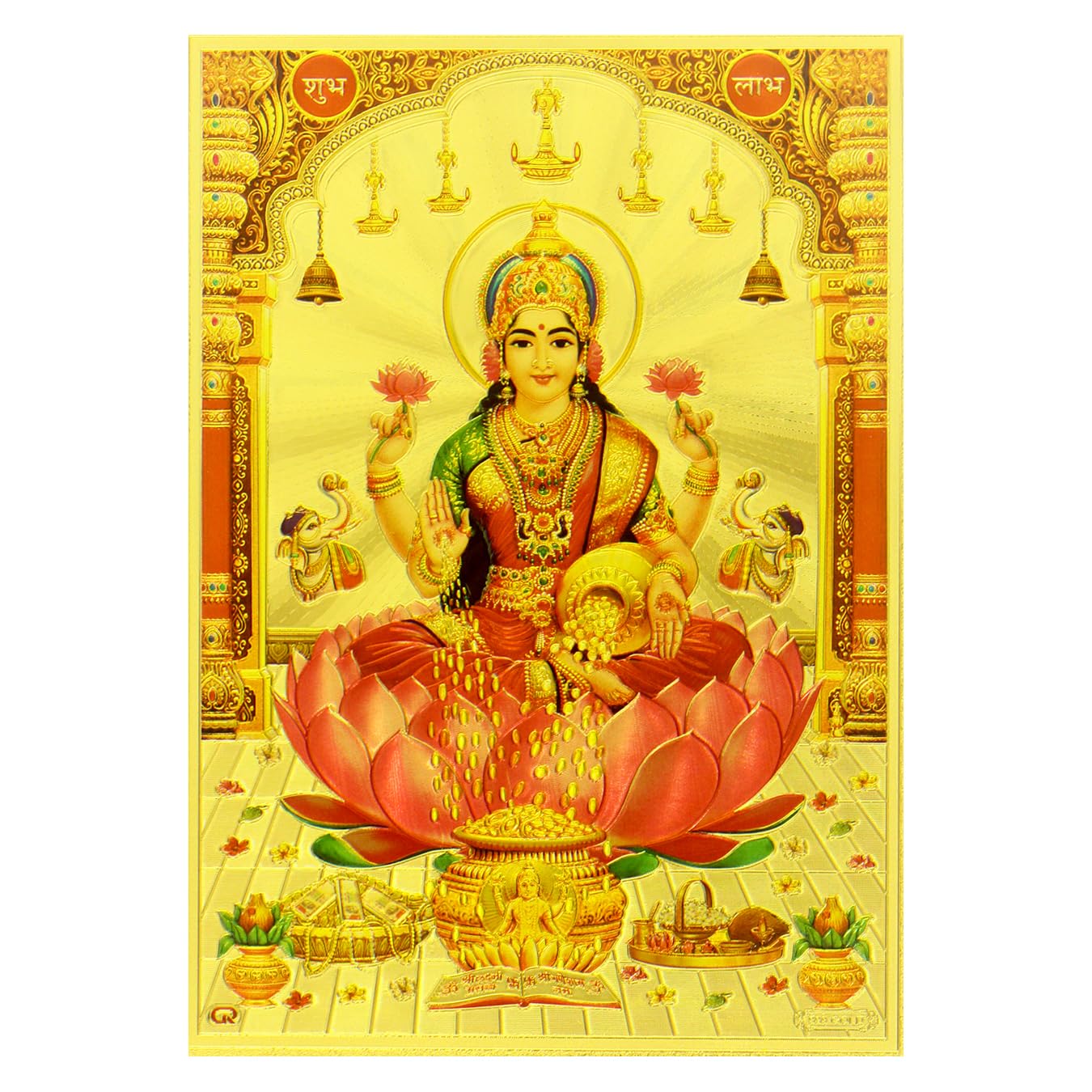 Yogic Mantra Goddess Lakshmi Photo | Unframed 5x7 Inch | 180 GSM Gold Foil Paper | Embossed Printing | Mahalakshmi Laxmi Mata Wall Decor Poster | Diwali Art Gift | For Home Mandir and Office Temple