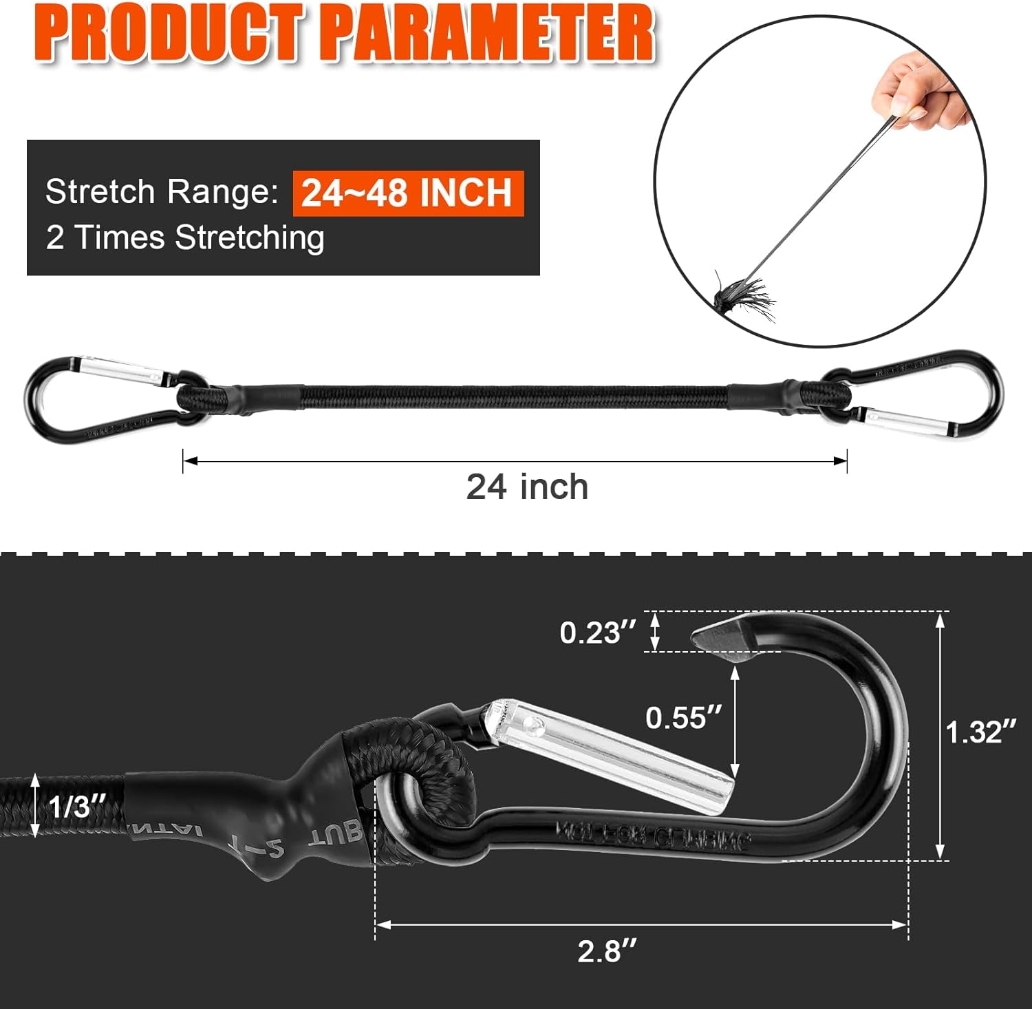 24 Inch Carabiner Bungee Cords Heavy Duty Outdoor, 1/3 Inch Thick Bungee Cords with Hooks for Camping, Tarps, Bike Rack, Tent,Luggage Rack,Cargo,RV, etc (6 Pack)