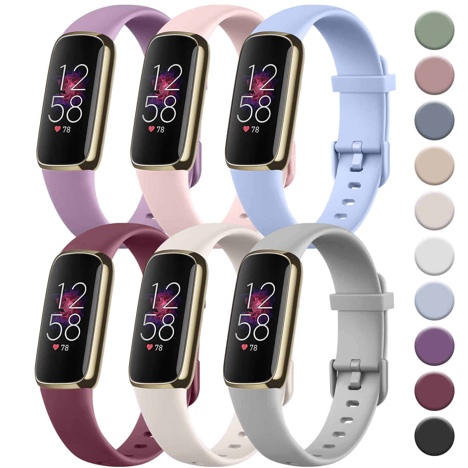 Tobfit 6 PACK Sport Bands Compatible with Fitbit Luxe Bands for Women Men, Soft Silicone Waterproof Straps Replacement Wristbands Compatible for Fitbit Luxe Watch Band,Small, Pale