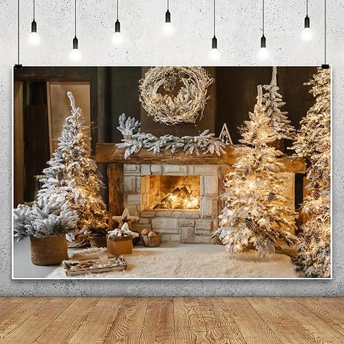 Leowefowa Telón de fondo de fotos de Navidad de 10 x 8 pies, guirnalda de chimenea de invierno, decoración vintage de Navidad, árbol de Navidad,