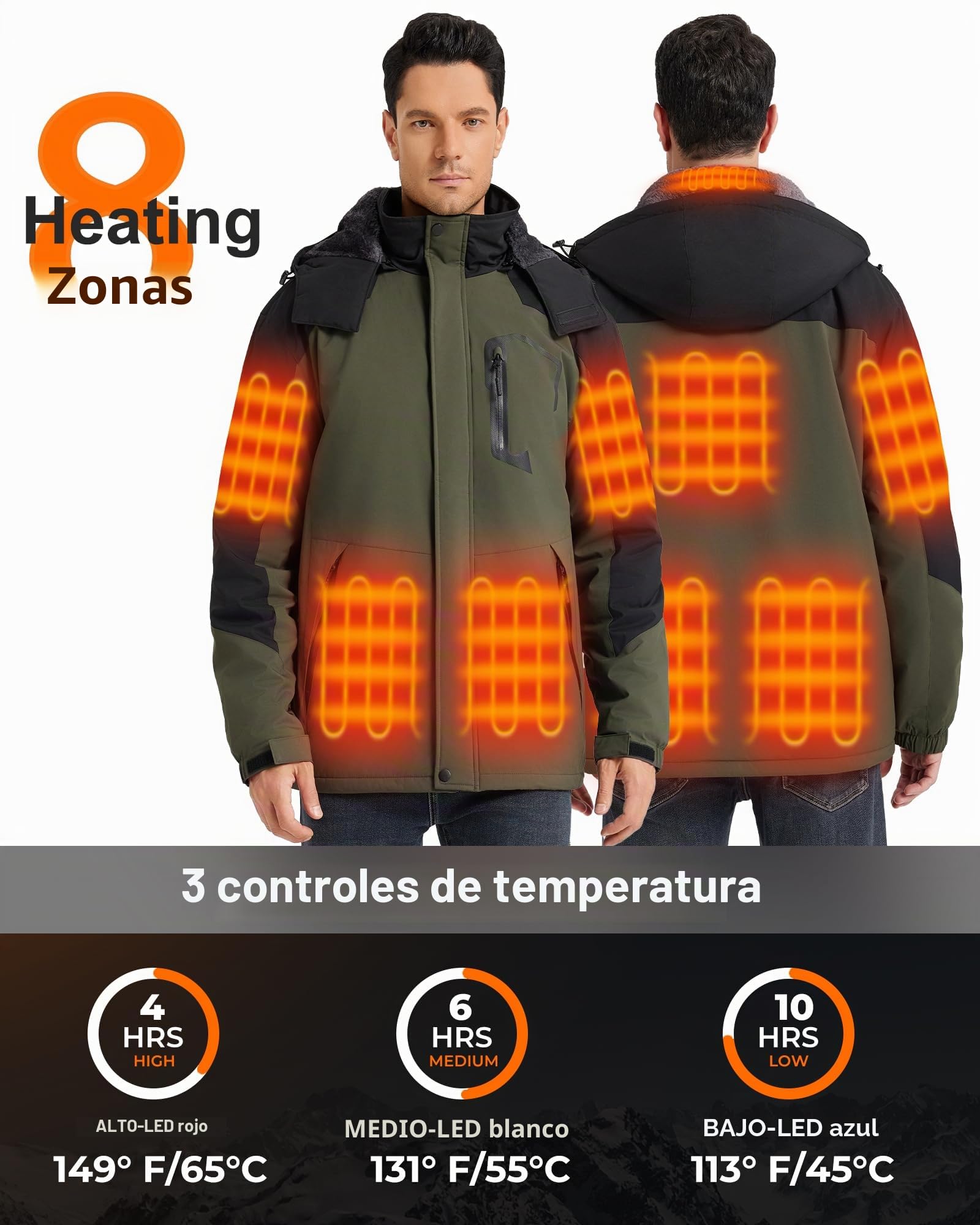 Chaqueta calefactable para hombre con batería externa de 18400 mAh 12 V, chaqueta térmica para hombre, forro cálido, chaqueta con capucha extraíble, resistente al viento, resistente al agua, para
