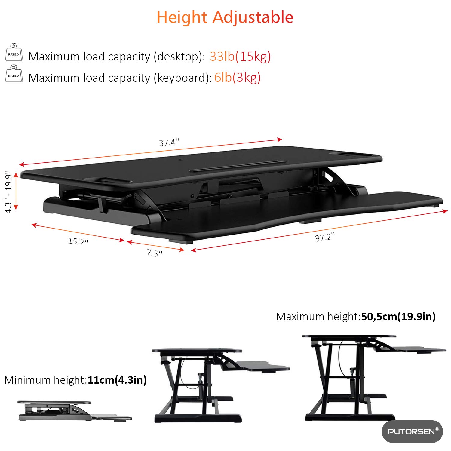 PUTORSEN® Standing Desk Height Adjustable Sit Stand Desk Converter