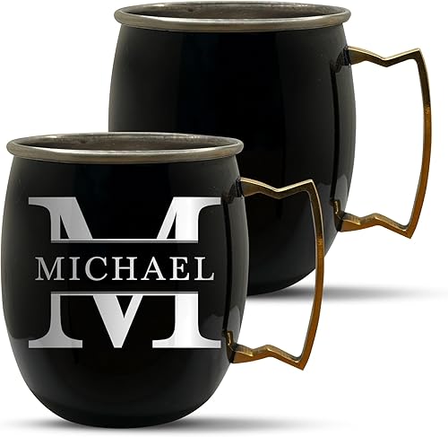 MerchSalad Taza personalizada de moscú negra con acabado suave grabado con monograma de letras, ideal para cualquier ocasión, 16 onzas, tradicional,