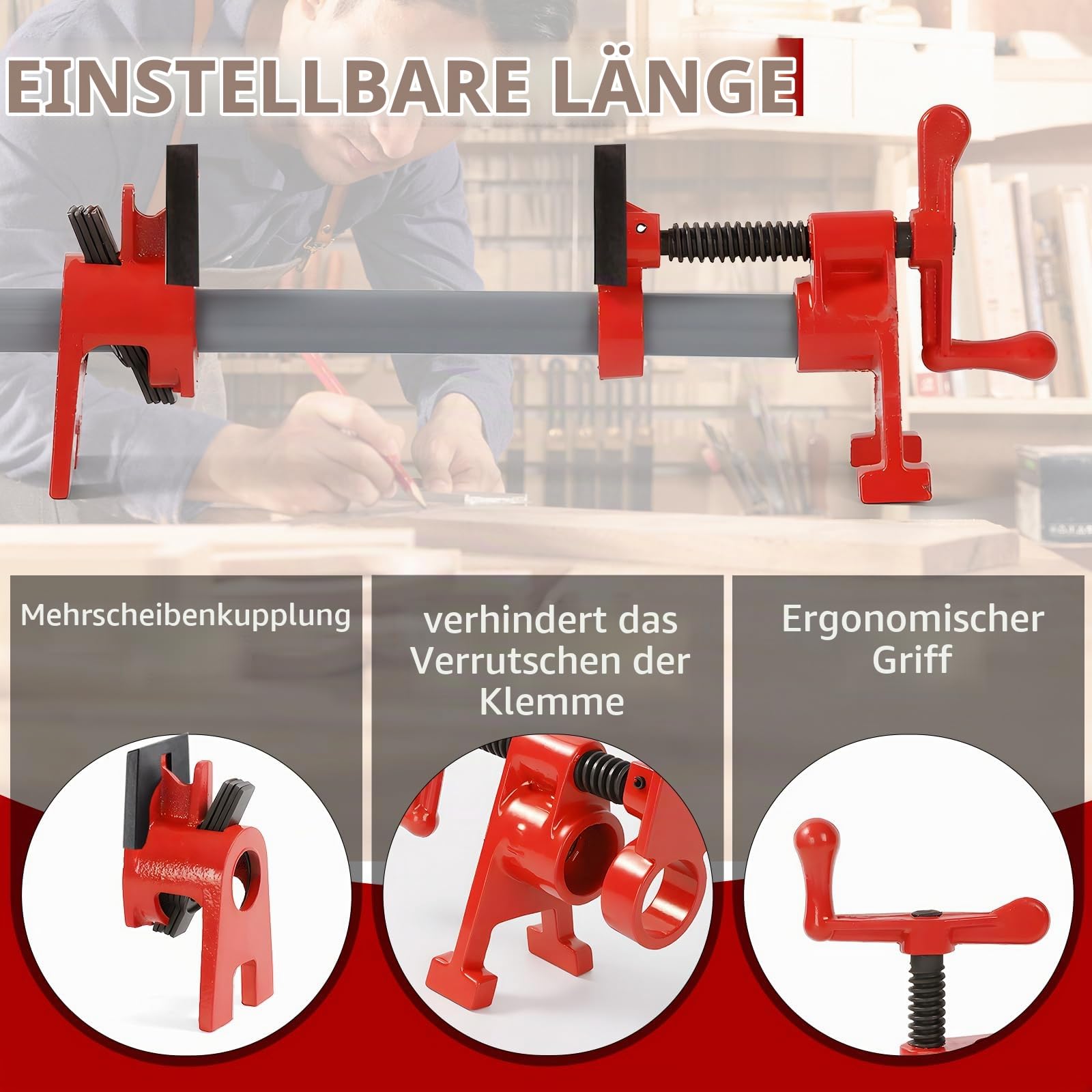 4 Stk Rohrschraubzwinge mit Schutzfunktion, 3/4 Zoll Rohr-Schraubzwingen, Schnellspanner Rohrklemmen, Rohrzwingen für Holzbearbeitung, Holzklemmensatz für Schlauch, Rohr, Kabel