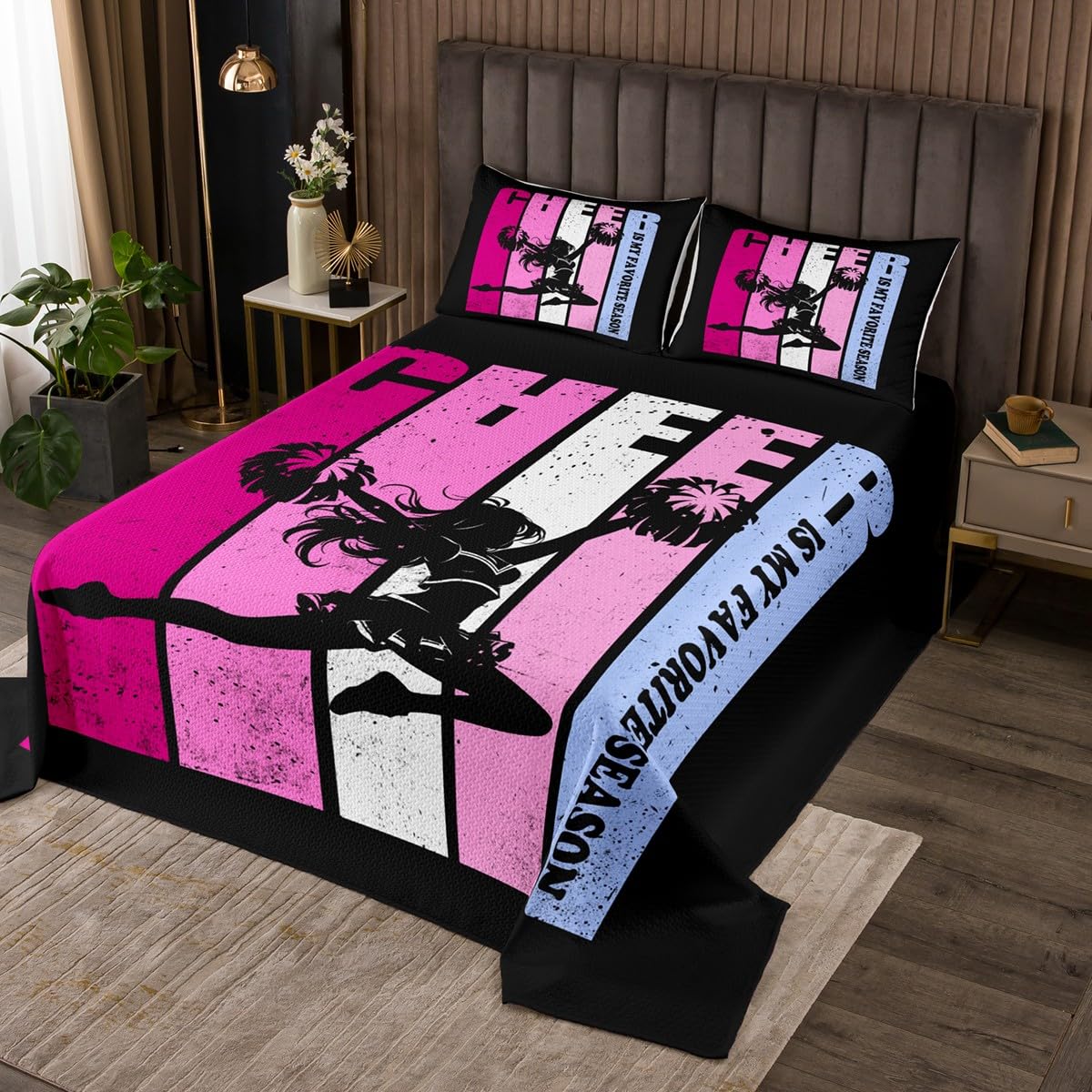 Cheer Bedspread Twin Size Bedding for Kids Teens Bedroom Cheerleader Lover Decor Coverlet Set Purple Pink Cheerleading Quilt Set for All Season,2 Pcs with 1 Pillowcase