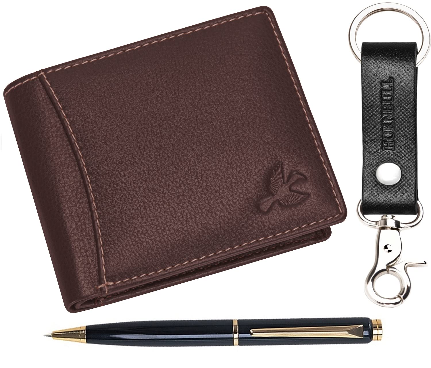 HORNBULL Themes Brown Leather Wallet for Mens, Keyring & Pen Combo Gift Set for Men PN095