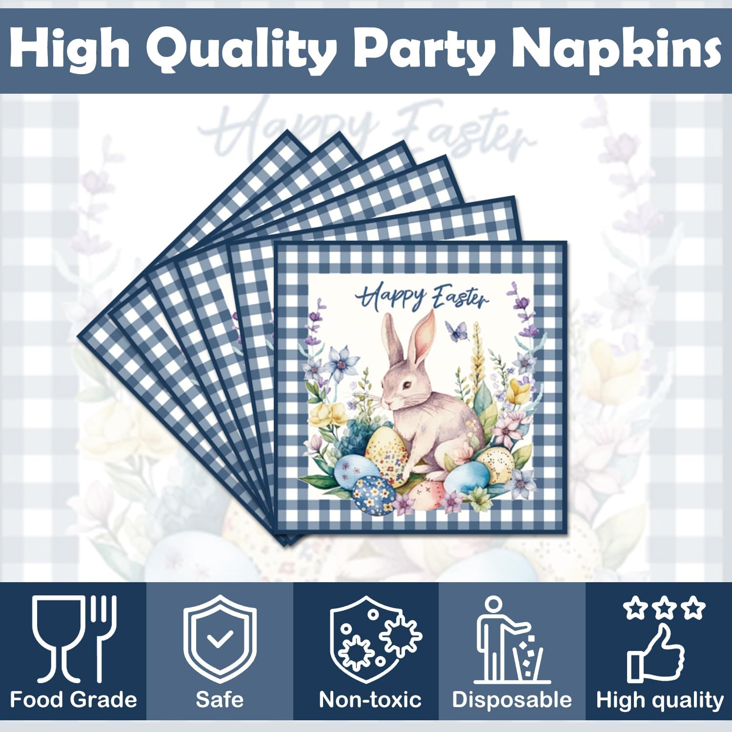 50Pcs Happy Easter Party Napkins Watercolor Bunny Rabbit Flower Egg Party Decorations Spring Floral Theme Party Supplies Disposable Drink Luncheon Dinner Table Decor Supplies Napkins 6.5" x 6.5" - Image 3