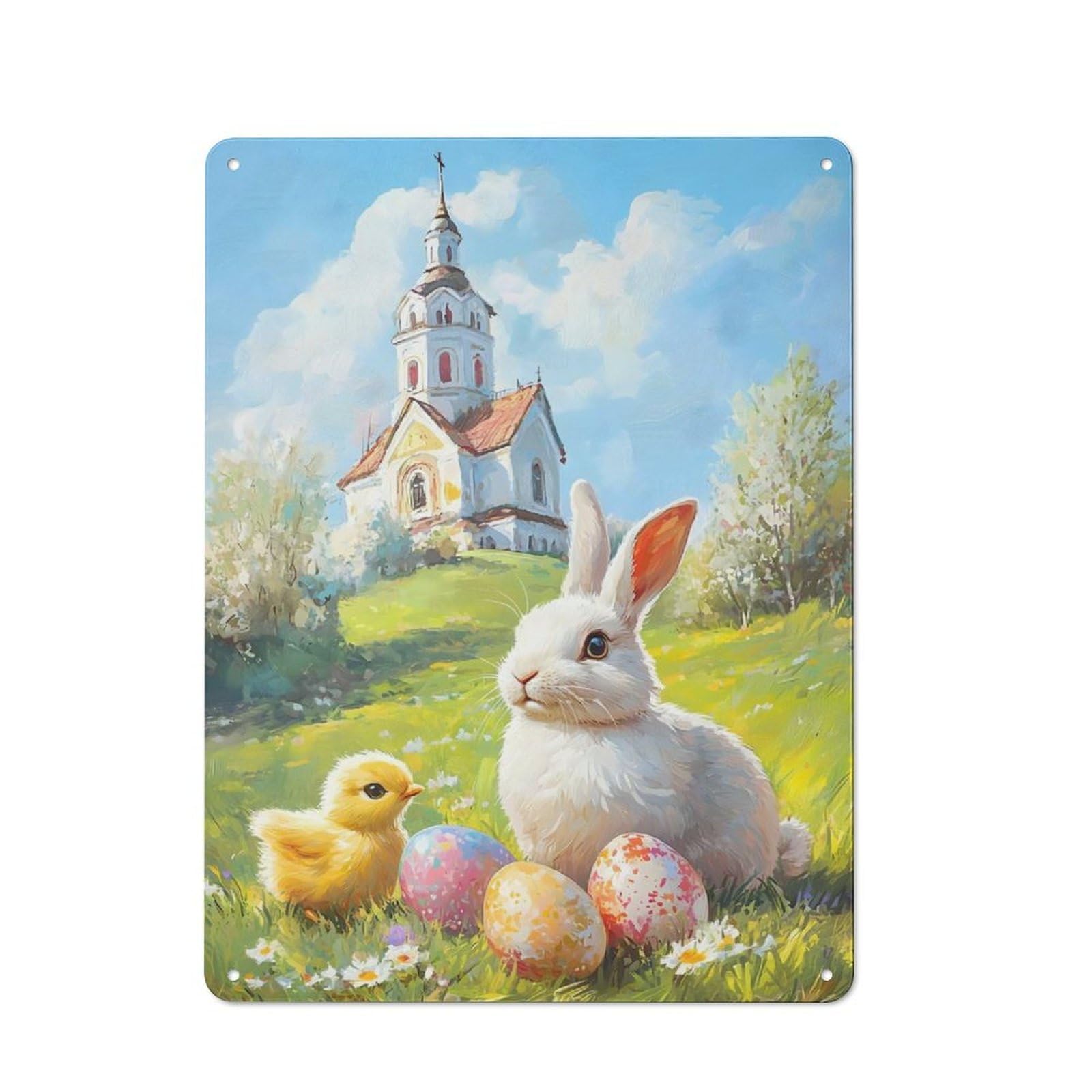 Junmoney Easter Bunny And Chick Painting Metal Wall Art Sign With Design 40X30cm, Urban Industrial Wall Decor For Workspace, Cafe, Hallway Or Garage