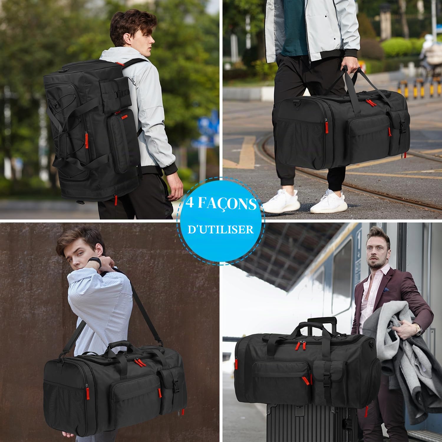 Sac de Voyage Homme 70L Grand Sac a Dos Week-End/Sport avec Compartiment à Chaussures pour Sport, Fitness, Voyages, Camping Duffel Bag, Noir