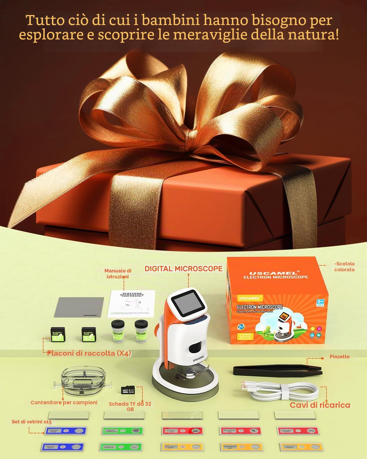Microscopio per Bambini con Piedi: Microscopi Digitali Mano 100-1000x: Schermo LCD 4K 2,0 Pollici USB Portatile Microscopio tascabile, con Kit Scientifici, 15 Diapositive, Scheda di Memoria 32G